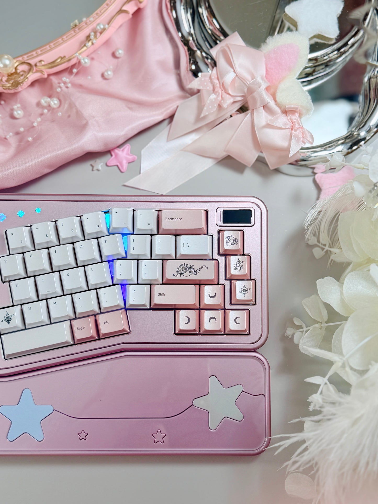 ONLY 1 Instock Prebuilt Aluminum Custom Mechanical Keyboard Staralice Ergonomic Anodized Pink Set including Wristrest Keycaps & switches