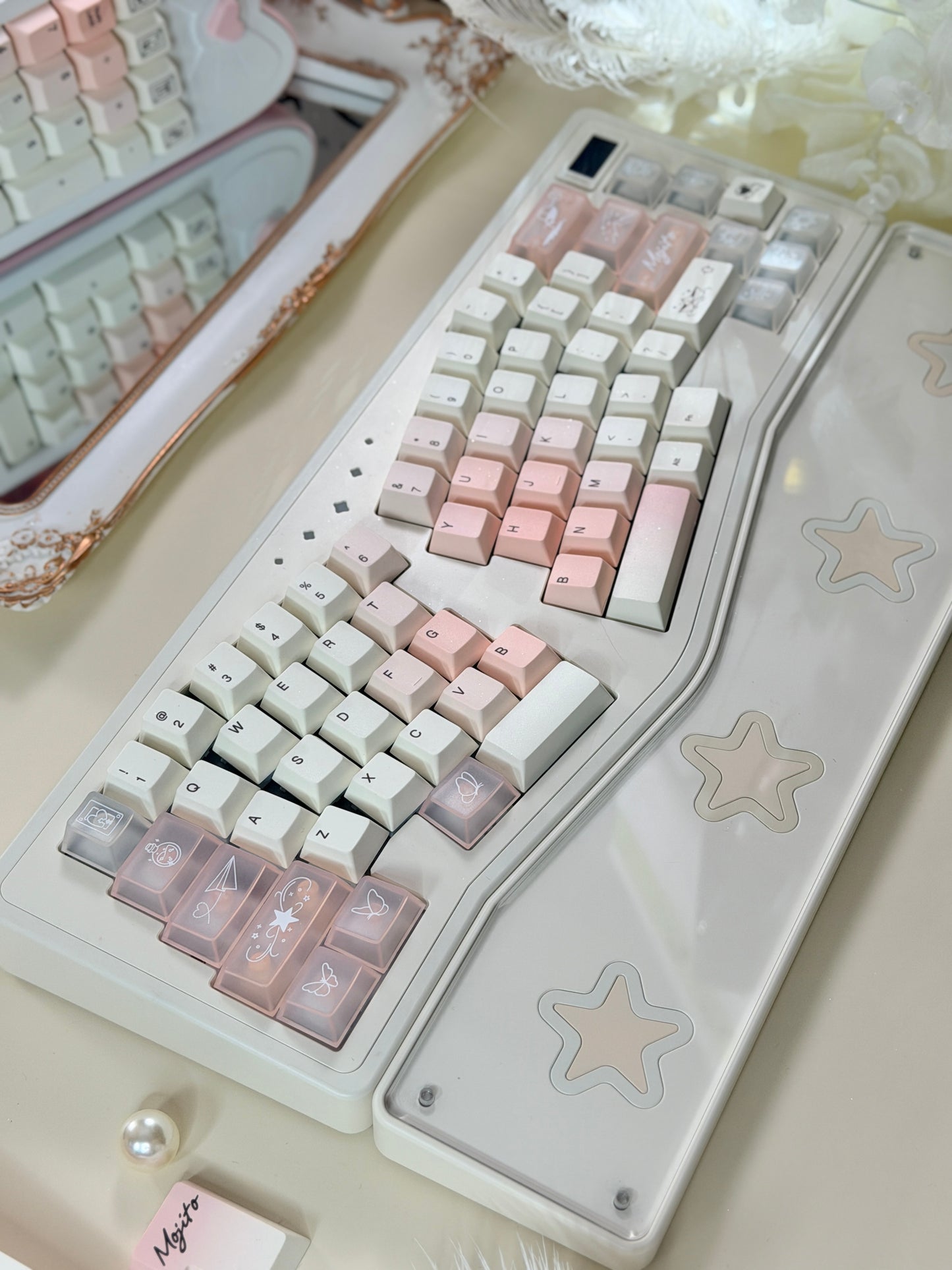 ONLY 1 Instock Prebuilt Aluminum Customized Mechanical Keyboard Staralice Cream White Set With Wristrest & Bow Pad