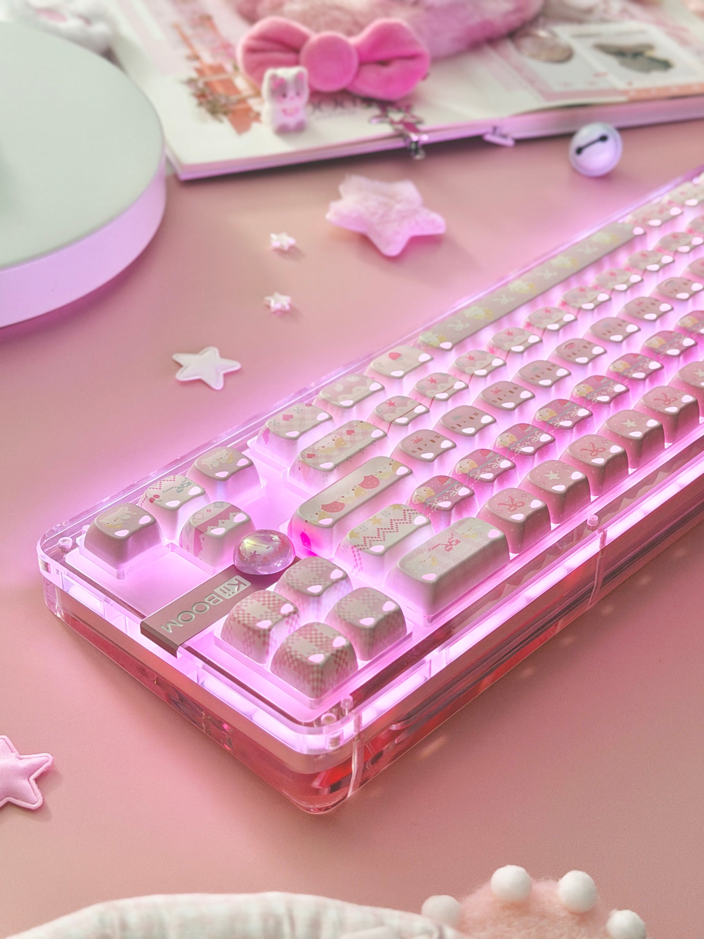 Unboxing Clearance ONLY 1 KiiBOOM Phantom 68 Pink Crystal Gasket-Mounted Mechanical Keyboard & KiiBOOM Pink Meow Keycap Set