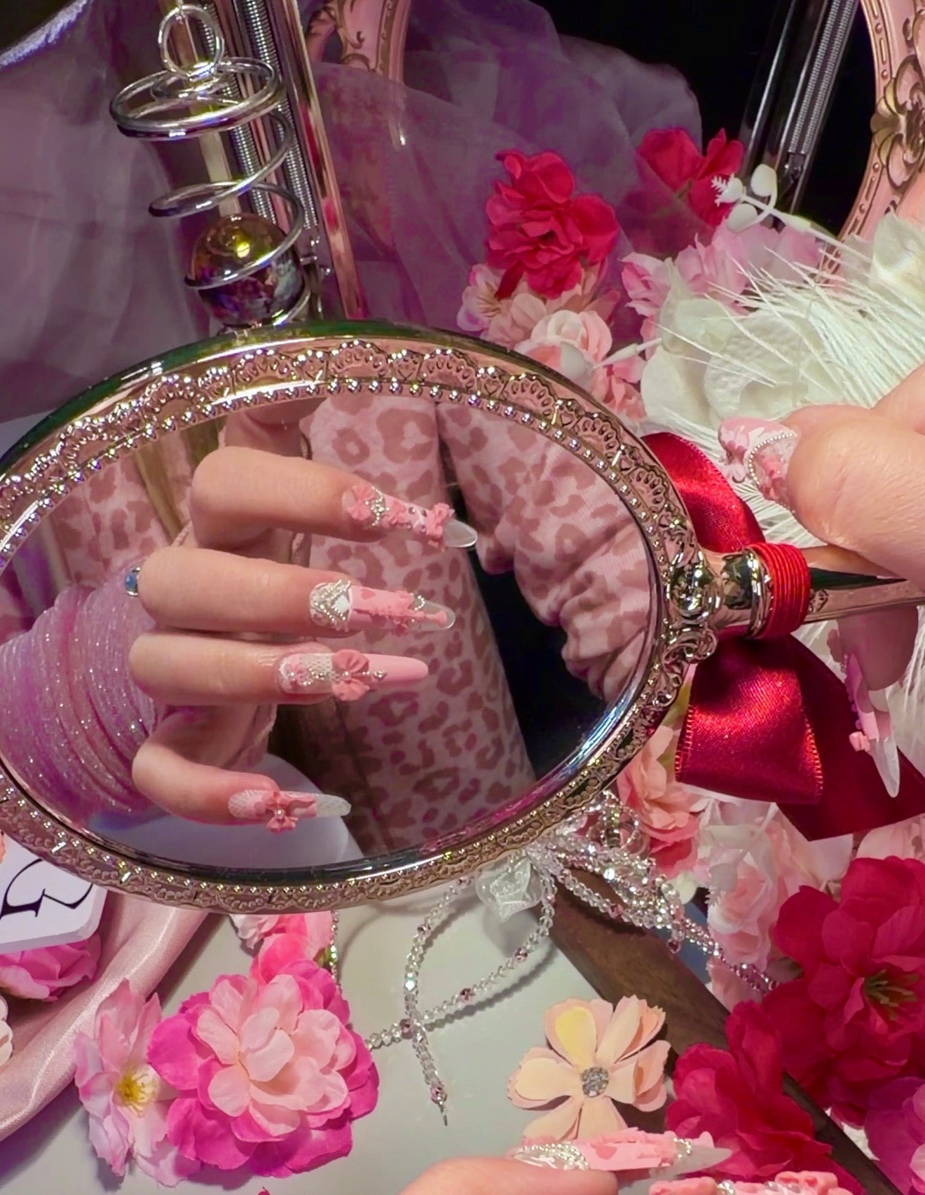 Pink Princess Bow Lace Flower Matte Finish Press On Nails Long Y05 With Pearl Beads Diamond Decor