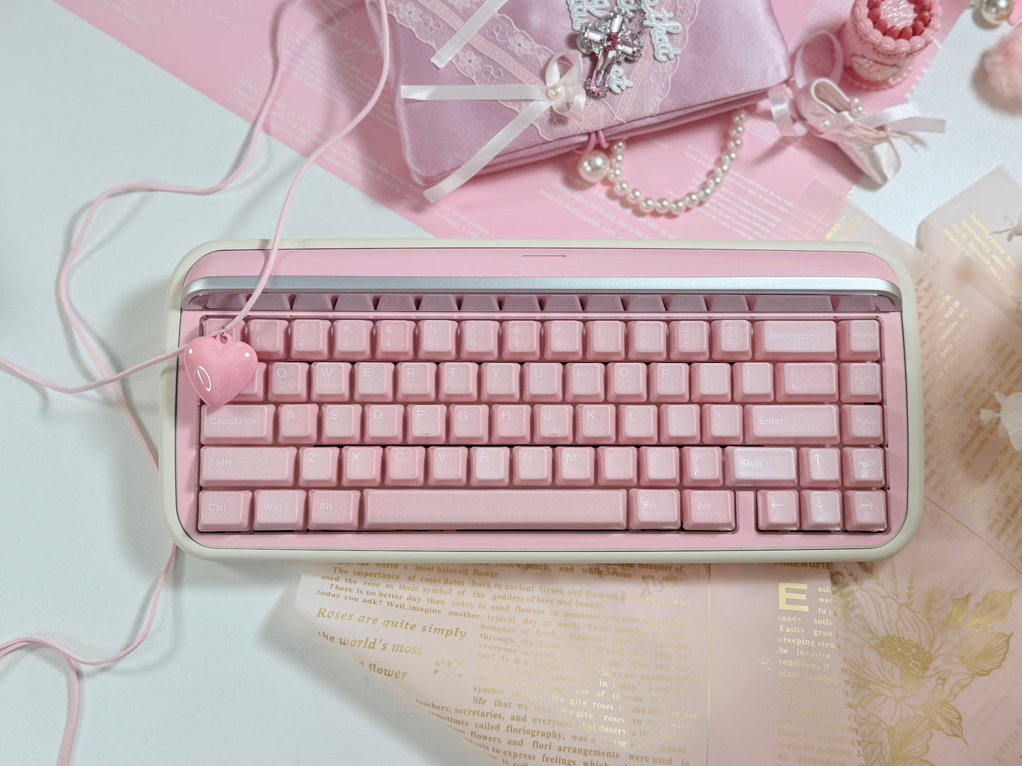 ONLY 1 Instock Prebuilt Aluminum Customized Mechanical Keyboard Rollo75 Pale Pink Cerakey Matte Keycaps Set