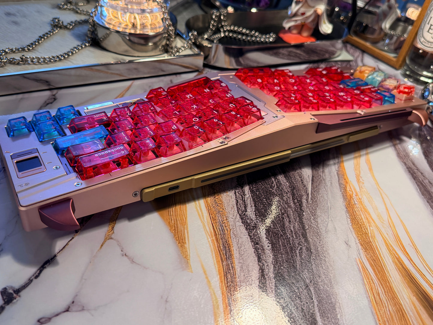 Preorder Prebuilt Aluminum Customized Mechanical Keyboard Owlab HellCat Anodized Pink Ergonomic Set & Wristrest