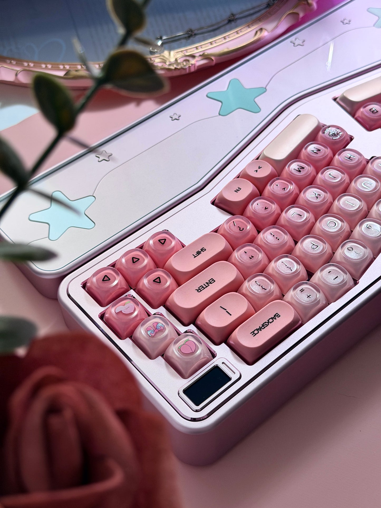 ONLY 1 Instock Prebuilt Aluminum Custom Mechanical Keyboard Staralice Ergonomic Anodized Pink Set including Wristrest Keycaps & switches