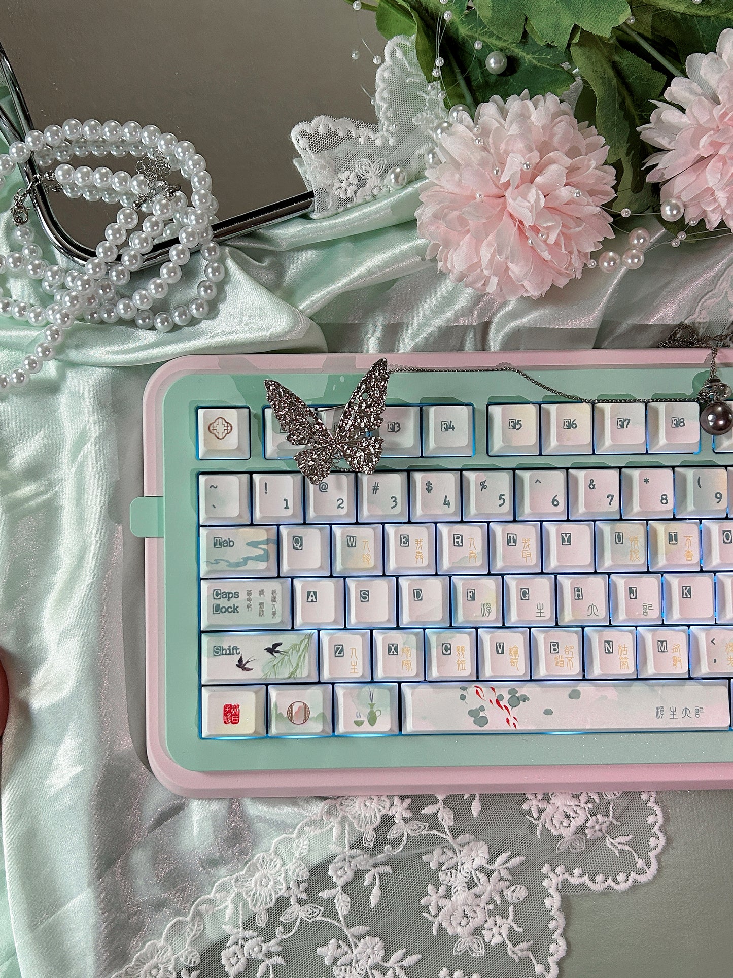 ONLY 1 Instock Prebuilt Aluminum Customized Mechanical Keyboard Pink Green Soap75 ➕ Pad