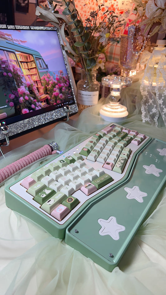 【Only 1 In-stock】Prebuilt StarAlice Pastel Green Aluminum Customized Mechanical Keyboard and Wrist Rest set