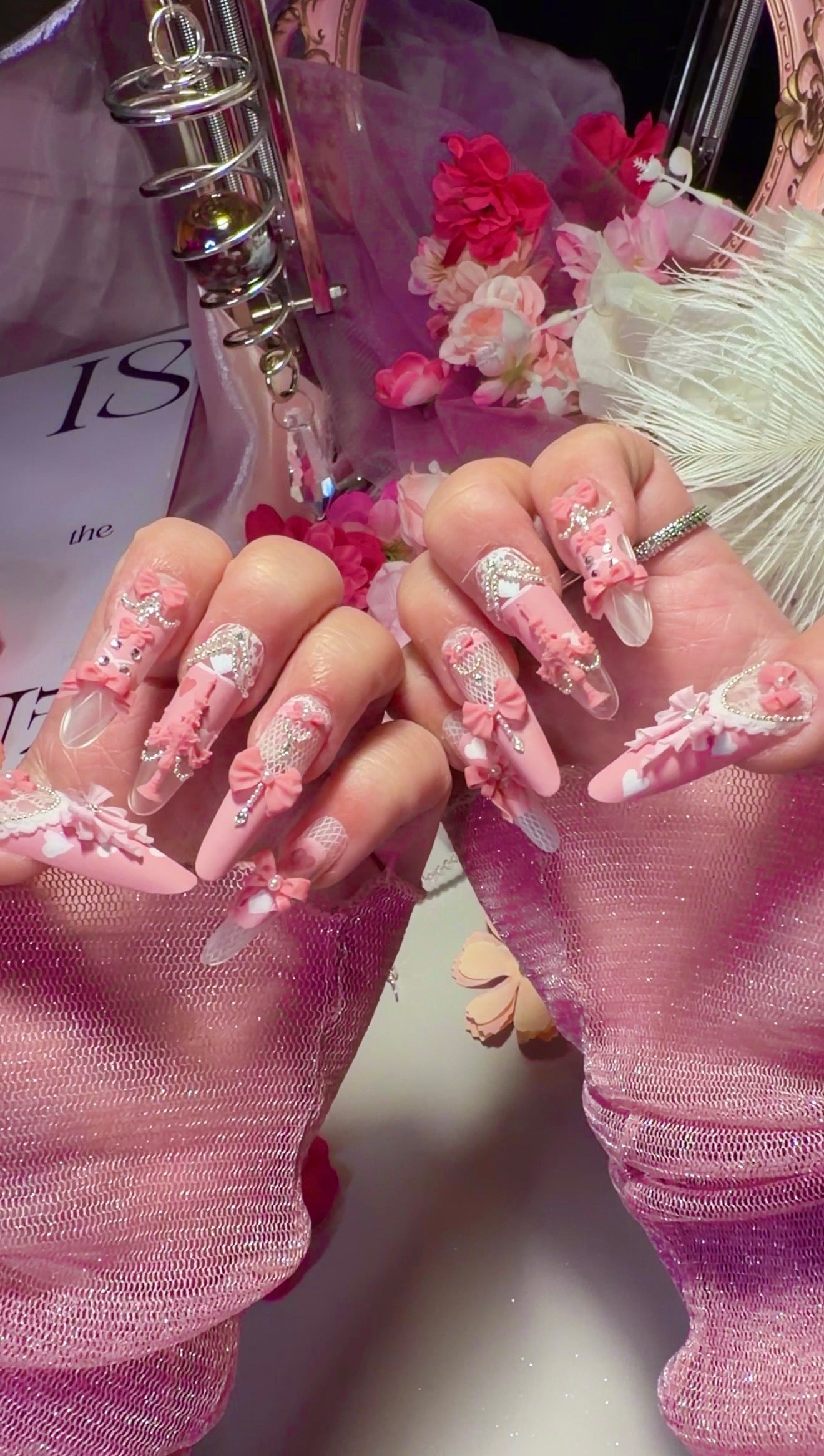 Pink Princess Bow Lace Flower Matte Finish Press On Nails Long Y05 With Pearl Beads Diamond Decor