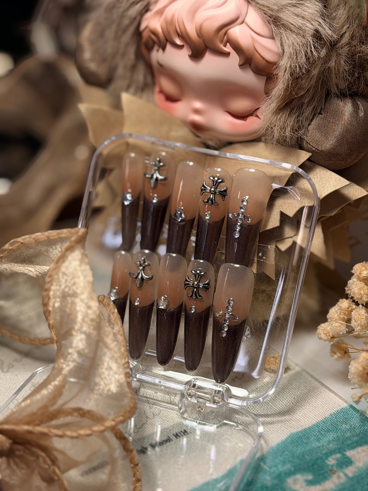 ONLY 1 Instock Designer False Nails Chrome Hearts Smoky Coffee Fine Shimmer French Style Long Press-On Nails(#889）