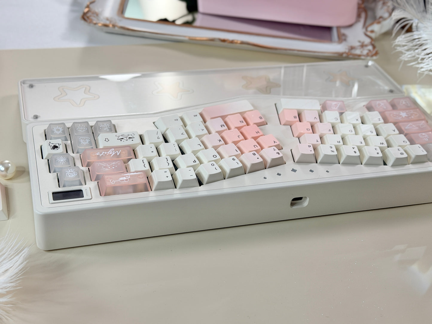 ONLY 1 Instock Prebuilt Aluminum Customized Mechanical Keyboard Staralice Cream White Set With Wristrest & Bow Pad