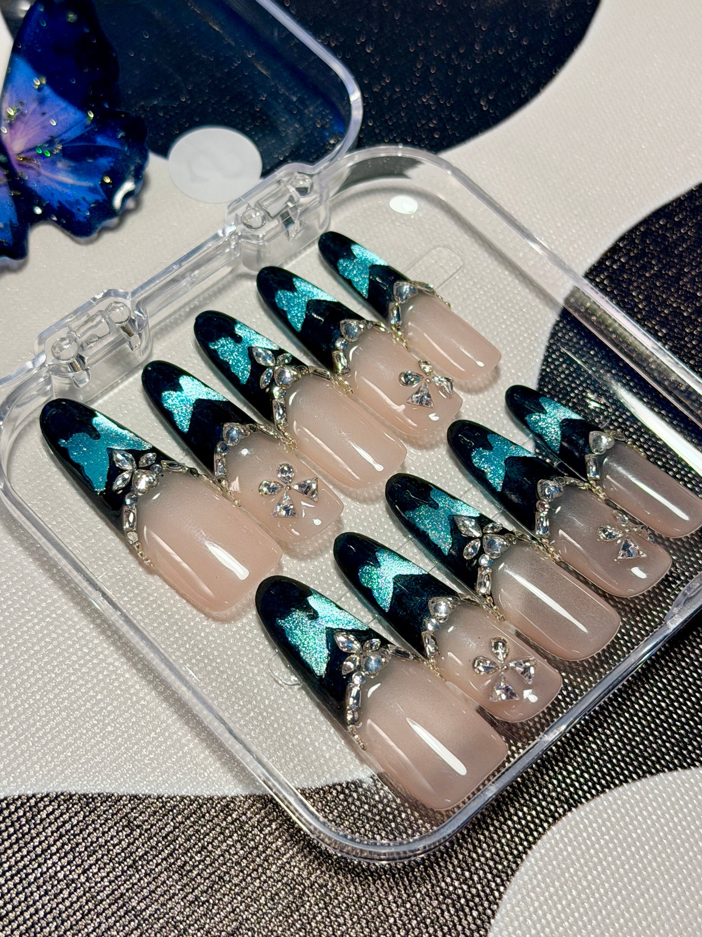 Black Blue Butterfly Press On Nails Shimmering Diamond Long Oval Handmade Nail Arts