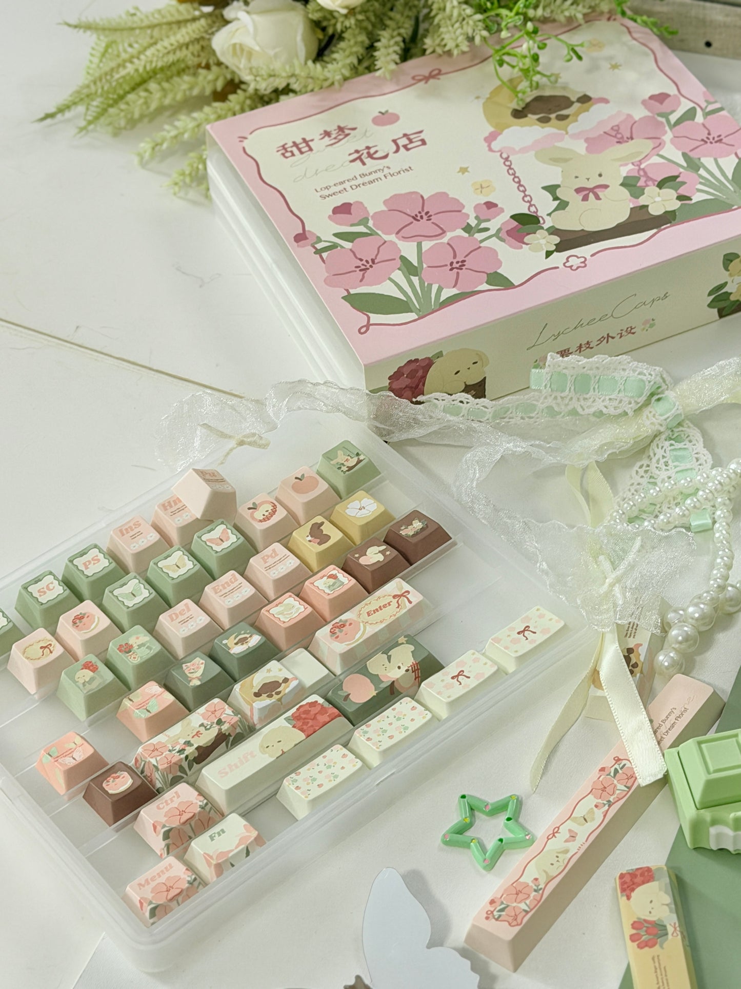 #0301 Matcha Dream Garden Keycap Set – Floral Cherry Profile Keycaps for Custom Mechanical Keyboards DESIGNED BYLYCHEE CAPS
