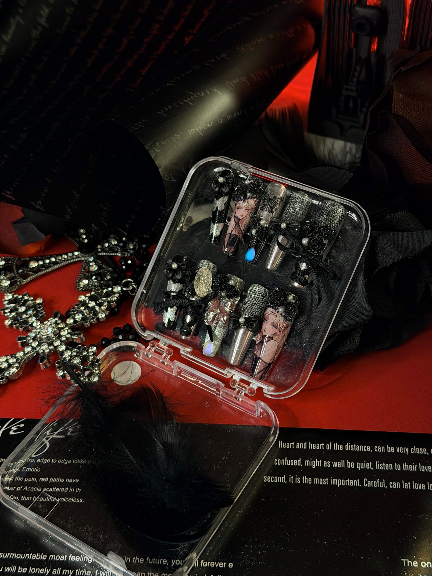 Gothic Dark Black Butterfly Lace Moonstone Press On Nails Long Coffin Handmade Paint