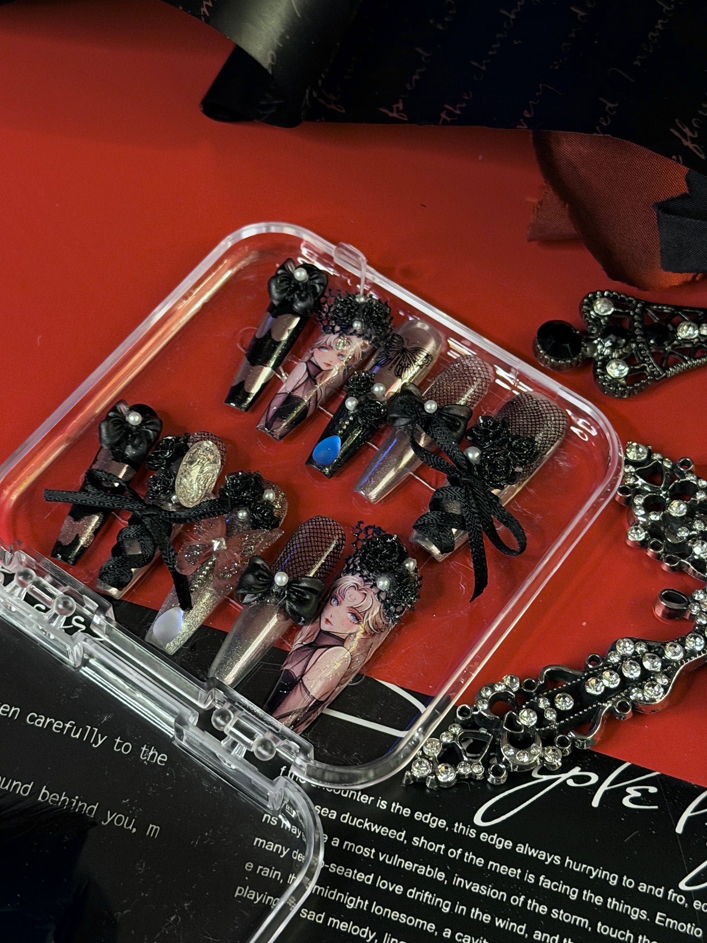 Gothic Dark Black Butterfly Lace Moonstone Press On Nails Long Coffin Handmade Paint