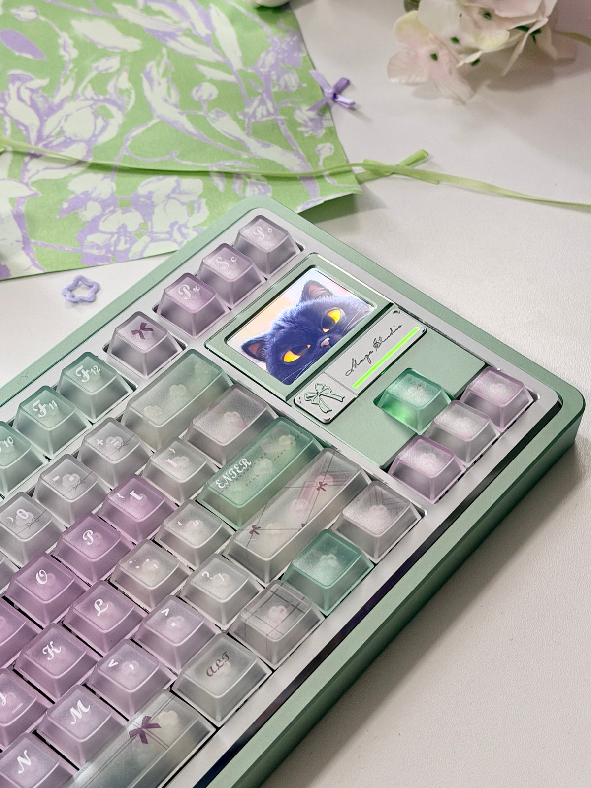 #0318 Lavender Mint Garden Transparent Keycaps Set | Pastel Purple & Sage Green Cute Floral Mechanical Keyboard Keycaps