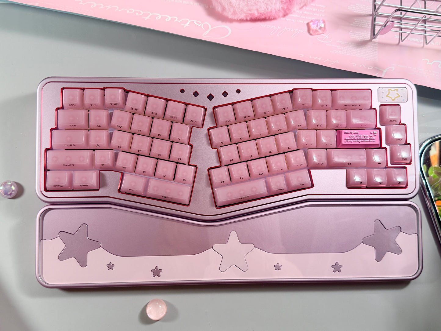 ONLY 1 Instock Prebuilt Aluminum Custom Mechanical Keyboard Staralice Ergonomic Anodized Pink Set including Wristrest Keycaps & switches