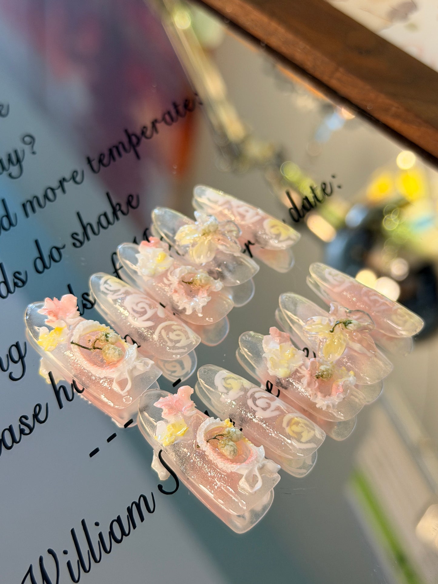 ONLY 1 Left Handmade False Nails Green Pink Oval Fairy Forest 3D Flower Rococo Style Press On Nails（#884）