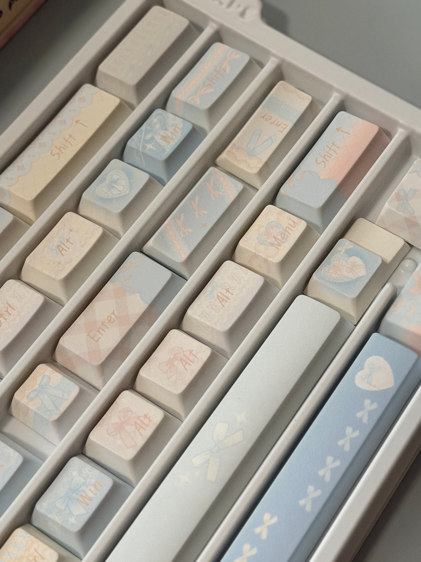 #0303 Aqua Lace Dream Garden Keycaps | Kawaii Pastel Floral & Bow PBT Keycap Set