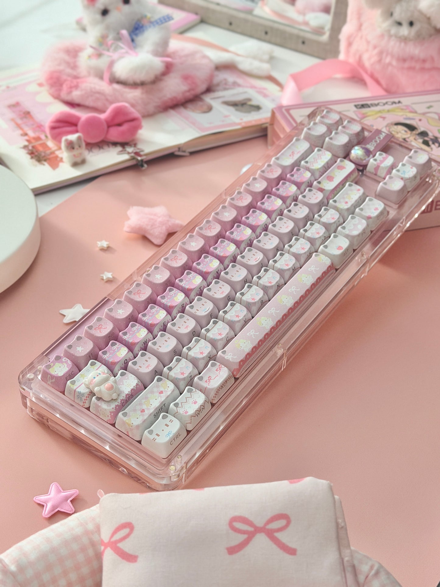 Unboxing Clearance ONLY 1 KiiBOOM Phantom 68 Pink Crystal Gasket-Mounted Mechanical Keyboard & KiiBOOM Pink Meow Keycap Set
