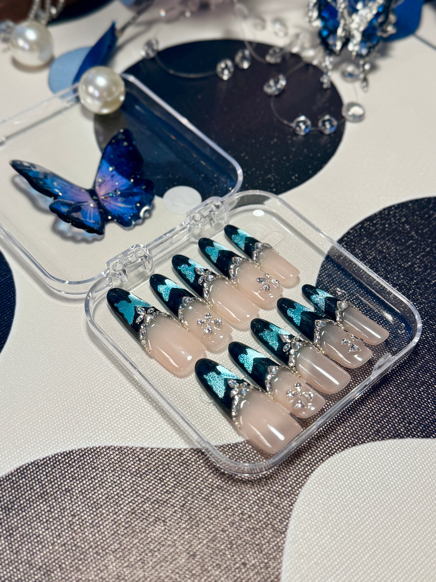 Black Blue Butterfly Press On Nails Shimmering Diamond Long Oval Handmade Nail Arts