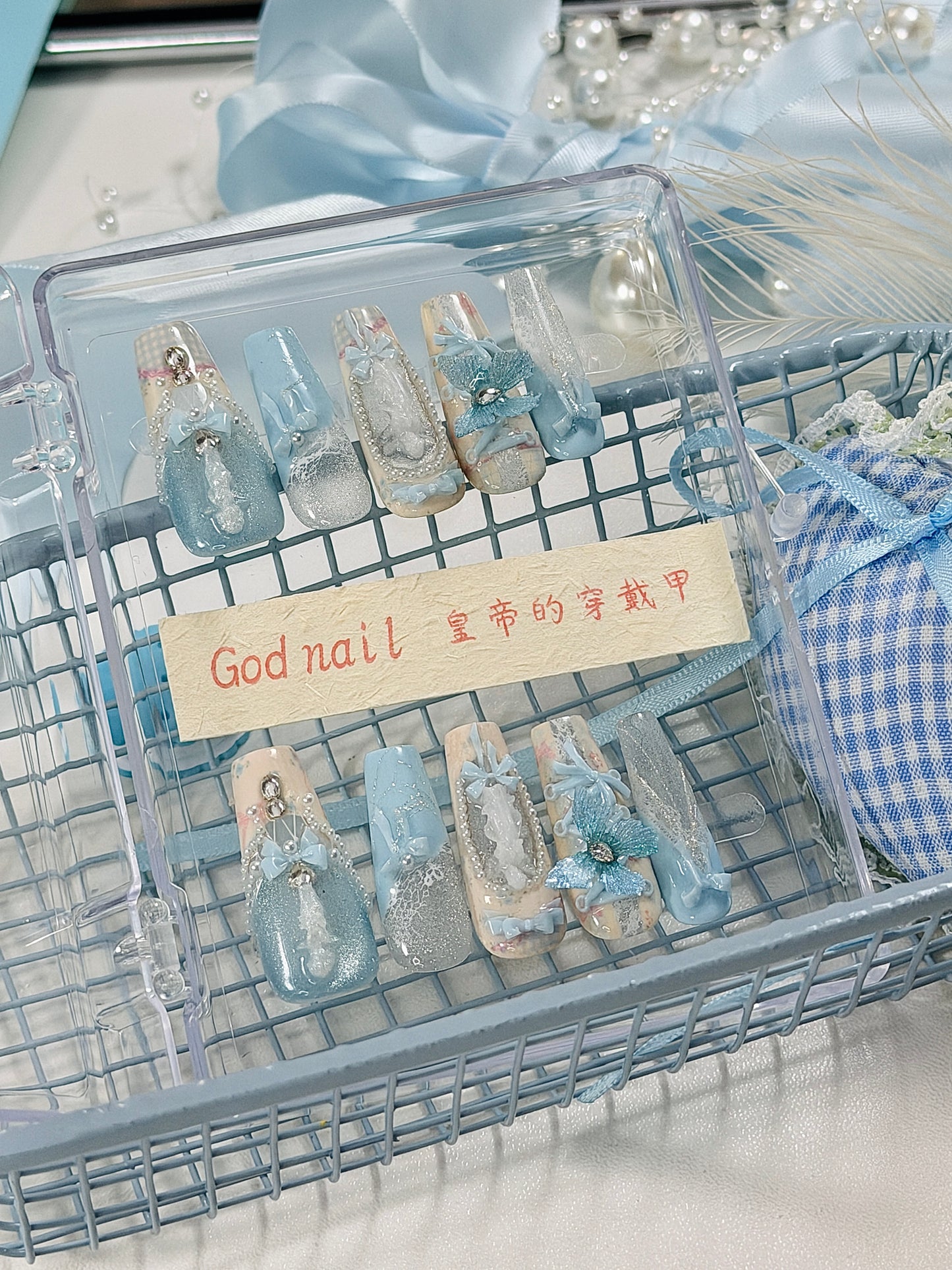 Blue Magnetic Butterfly Lace Press On Nails Long Coffin Pearl Beads Angel