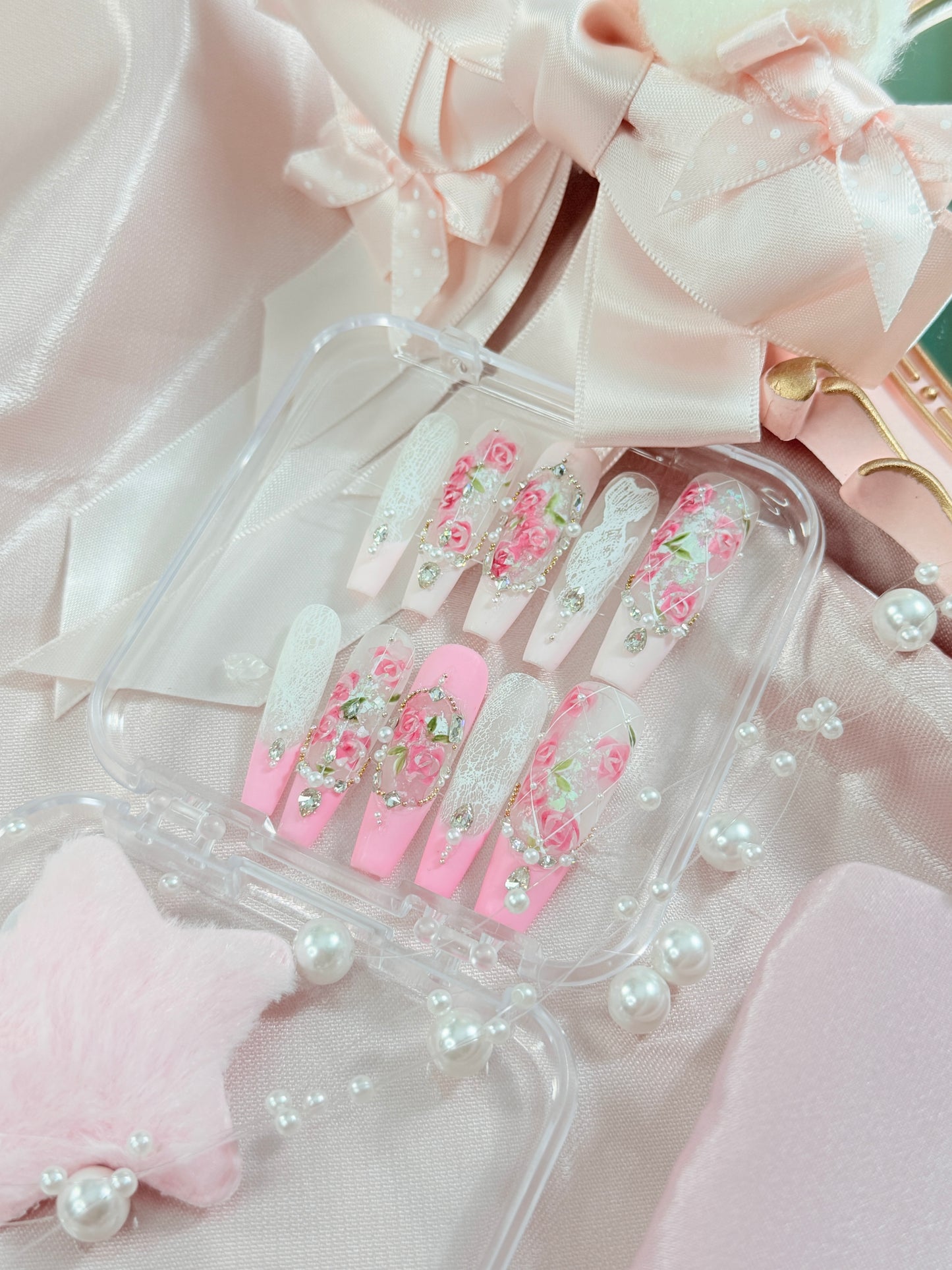 Barbie Pink Lace Flower Matte Finish Press On Nails Long Coffin Handmade With Diamond Pearl Beads