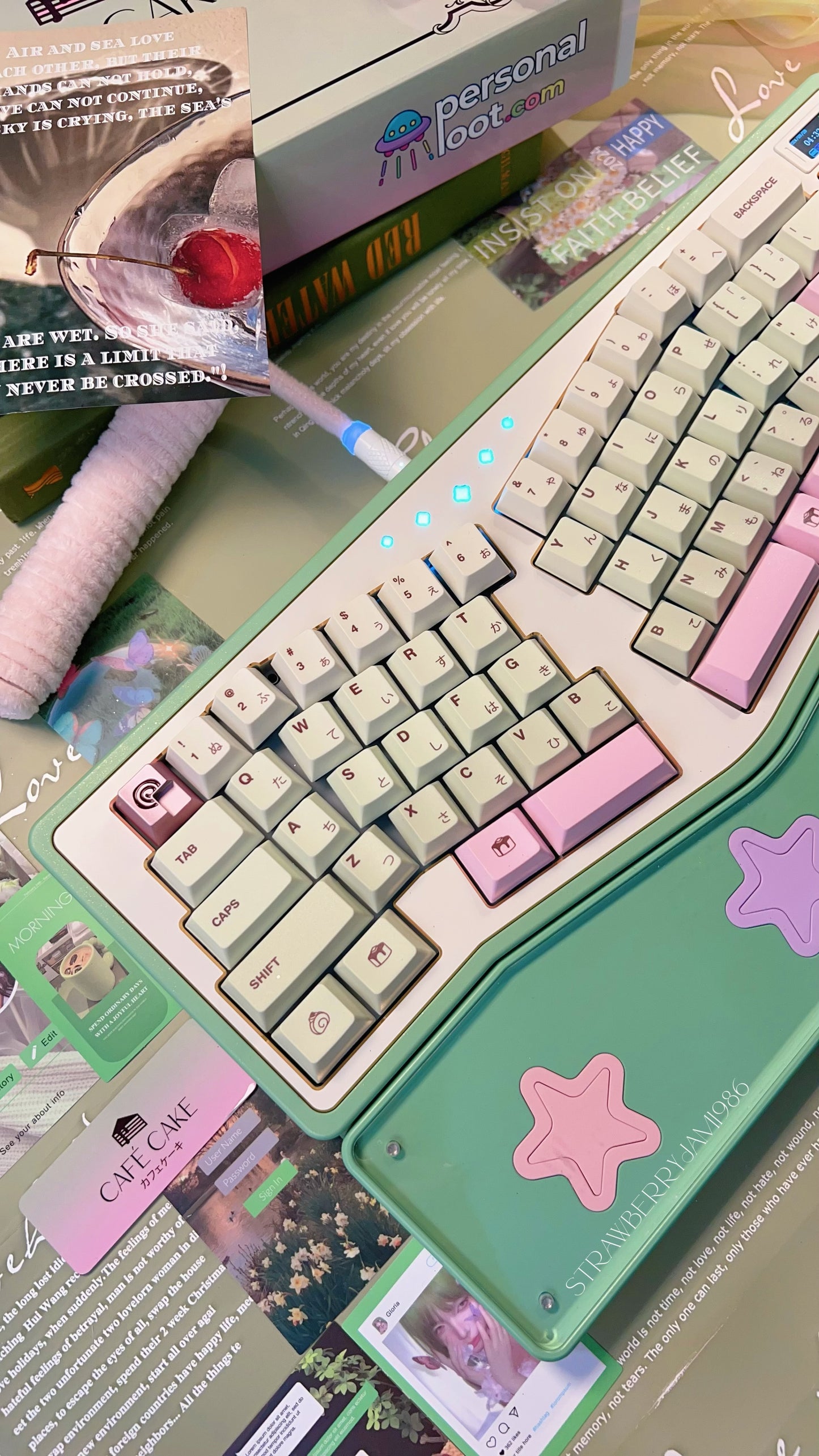 【Only 1 In-stock】Prebuilt StarAlice Ergonomic Green Pink Aluminum Customized Mechanical Keyboard with Wrist rest