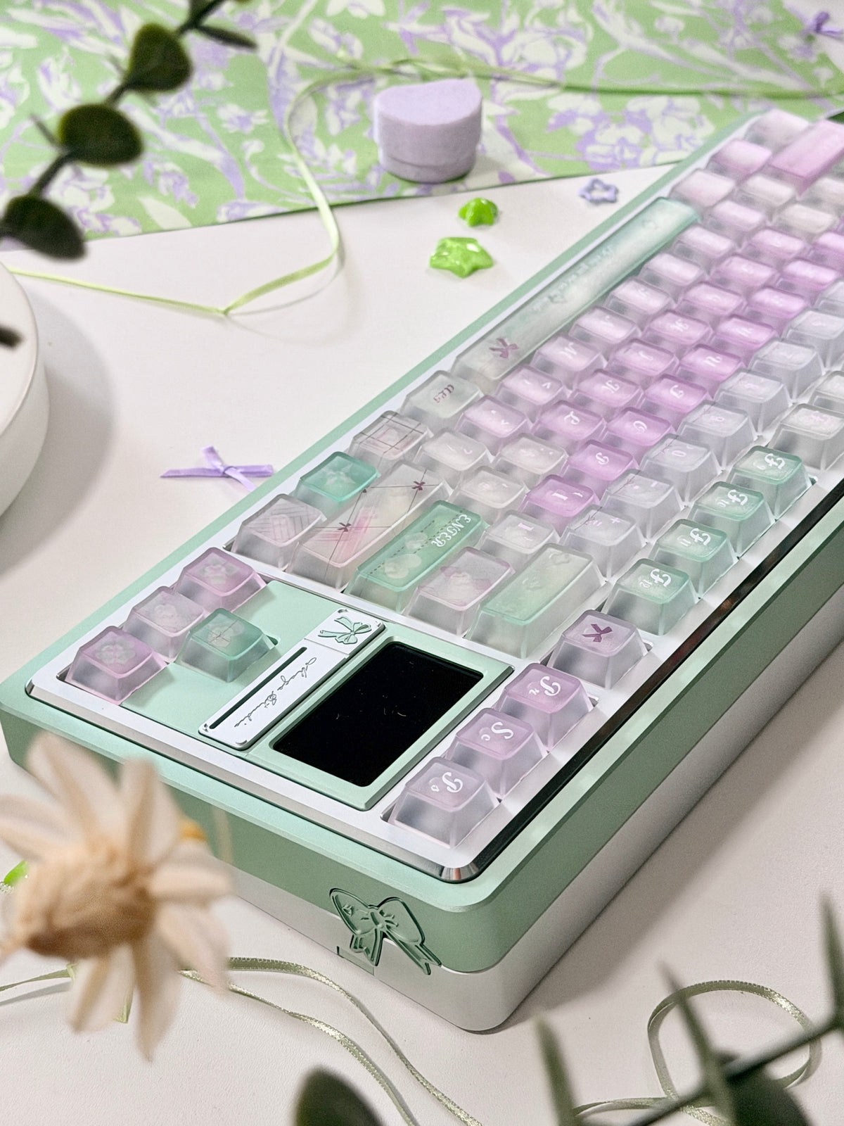 #0318 Lavender Mint Garden Transparent Keycaps Set | Pastel Purple & Sage Green Cute Floral Mechanical Keyboard Keycaps