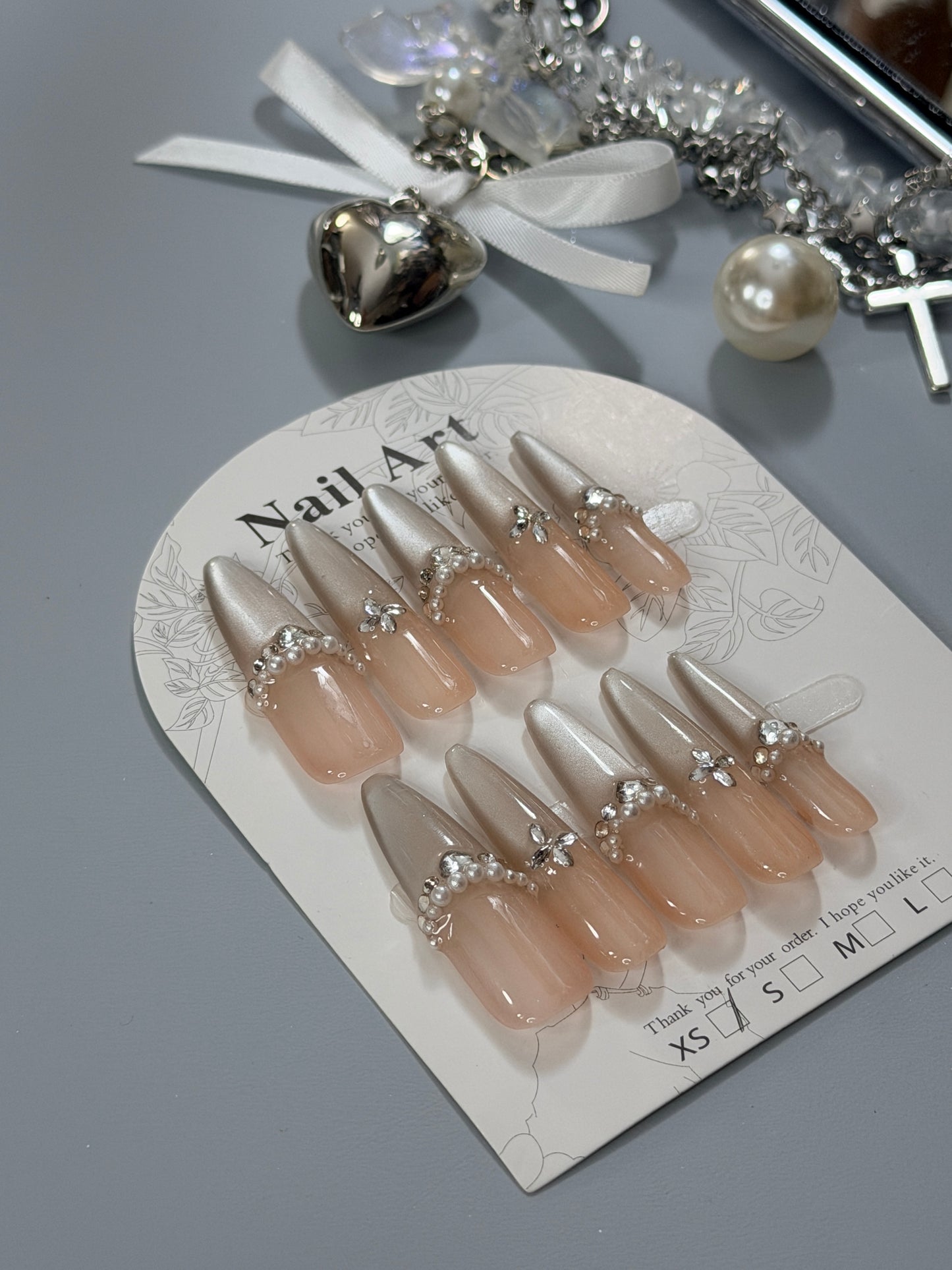 Silver Champagne Press On Nails Shimmering Diamond Pearl Long Stelitto Handmade Nail