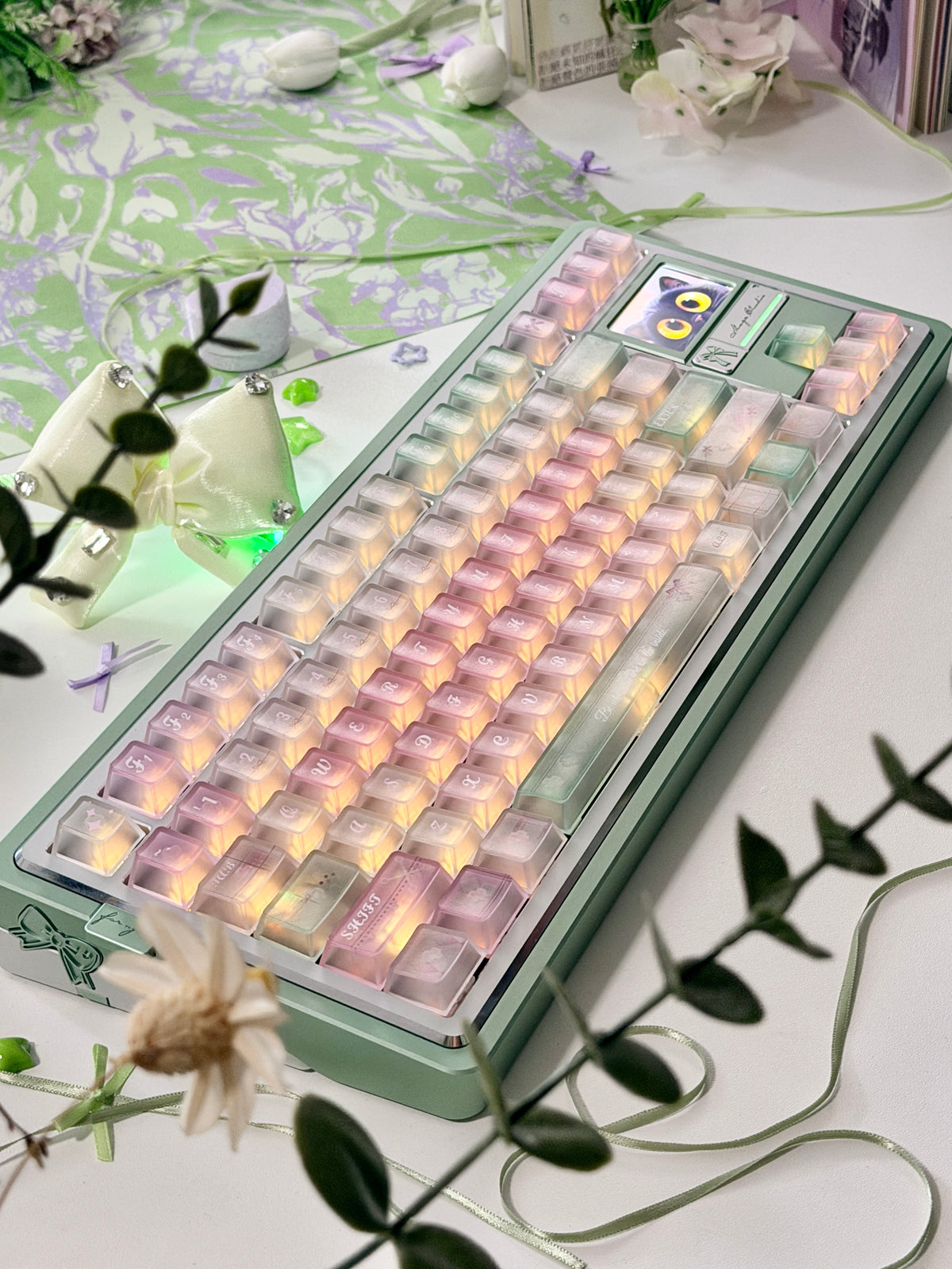 #0318 Lavender Mint Garden Transparent Keycaps Set | Pastel Purple & Sage Green Cute Floral Mechanical Keyboard Keycaps