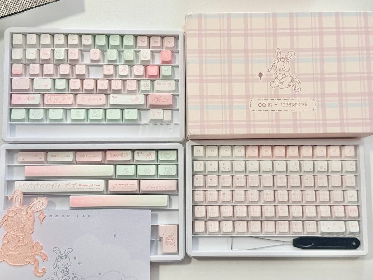 #0314 Bunny Berry Roll Pastel Strawberry Milk & Mint Green Keycap Set – Kawaii Pink Cream Cute Cartoon Mechanical Keyboard Keycaps