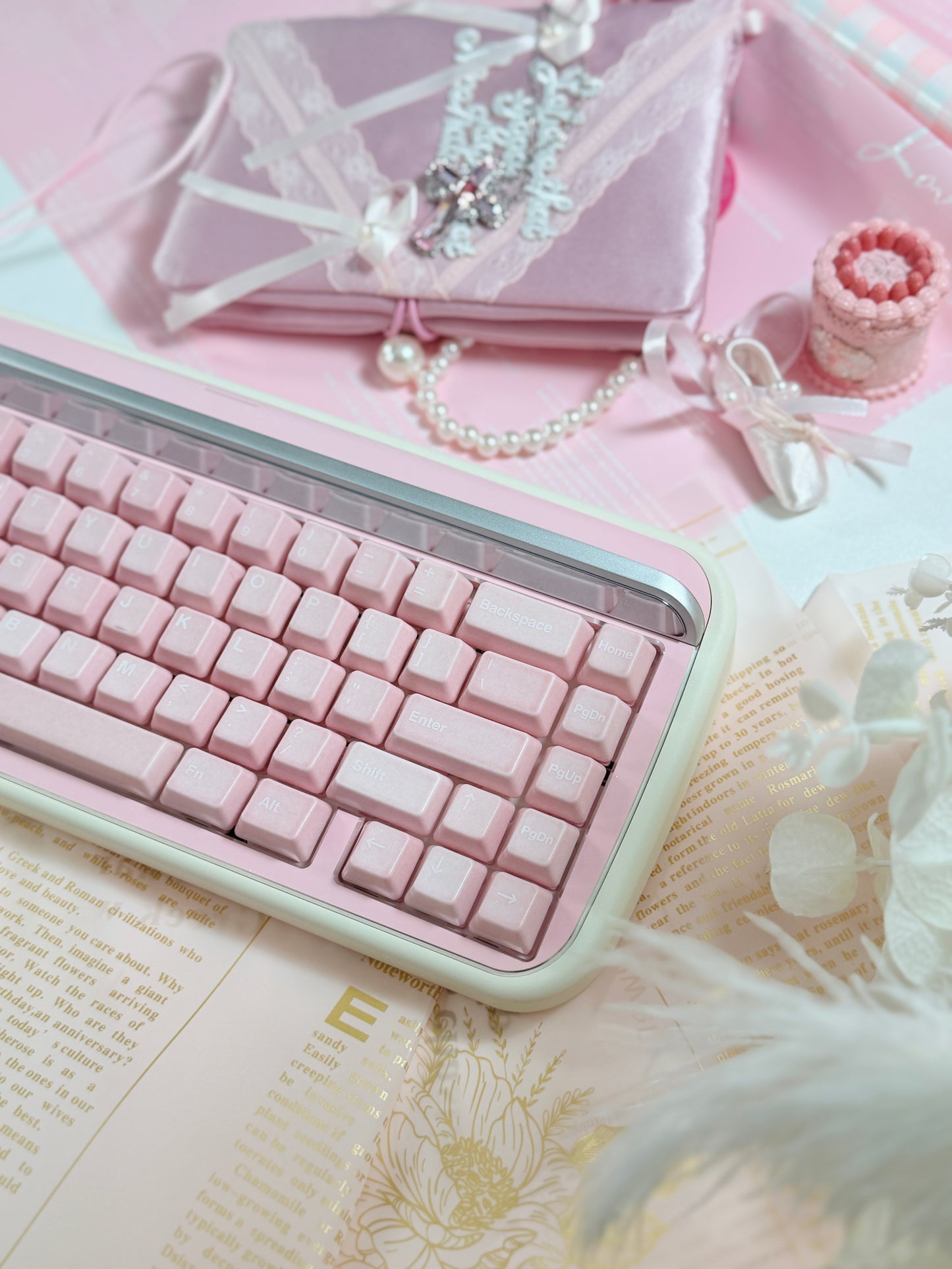 ONLY 1 Instock Prebuilt Aluminum Customized Mechanical Keyboard Rollo75 Pale Pink Cerakey Matte Keycaps Set