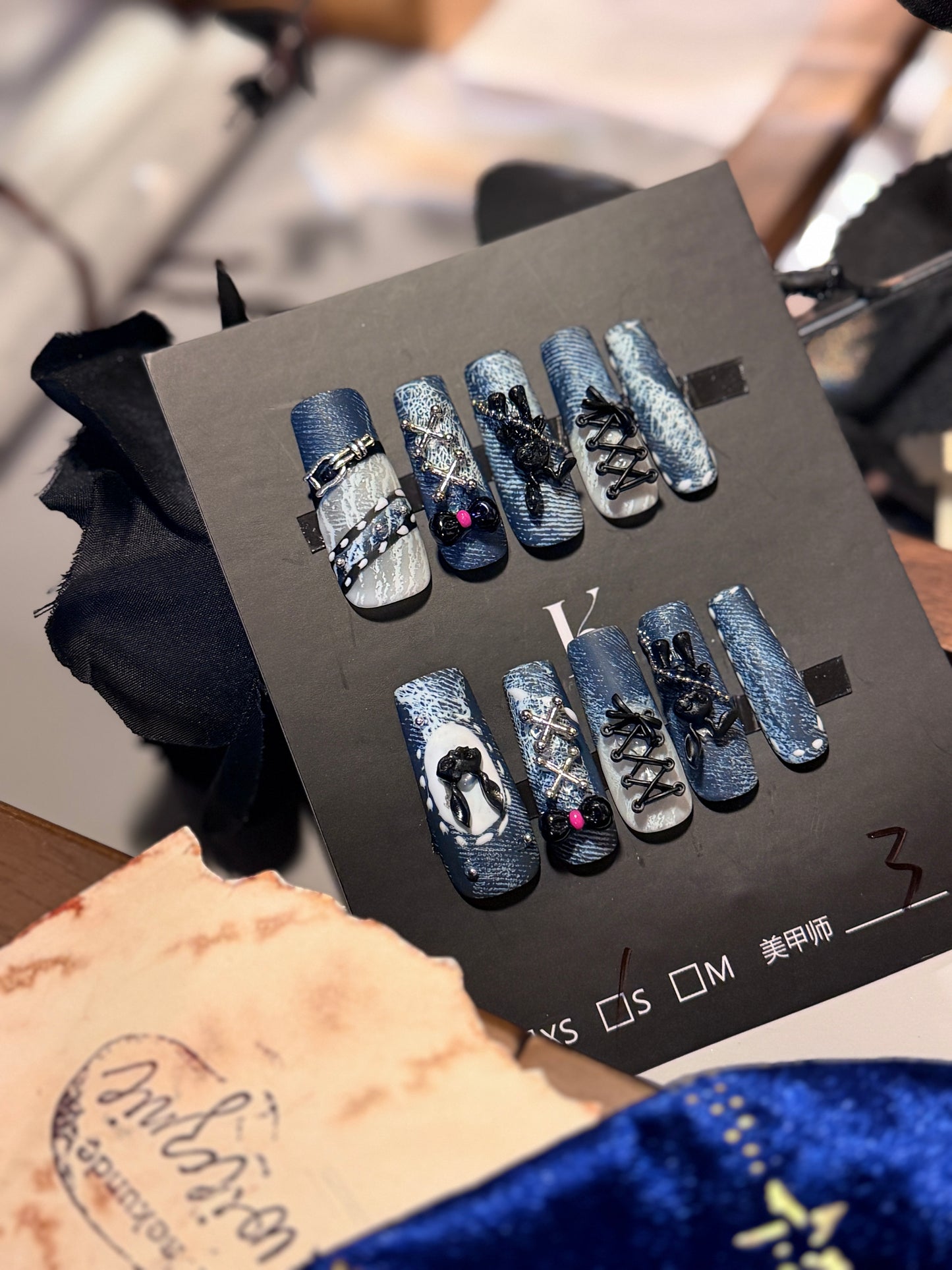 Punk Bunny 3D Lace Strap Denim Jeans Pattern Press On Nails Long Pipe Handmade Paint