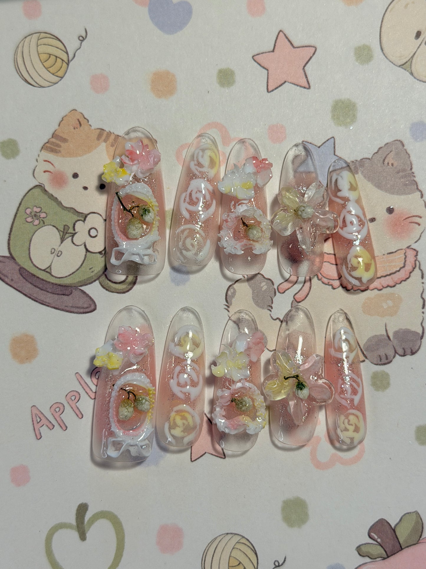 ONLY 1 Left Handmade False Nails Green Pink Oval Fairy Forest 3D Flower Rococo Style Press On Nails（#884）