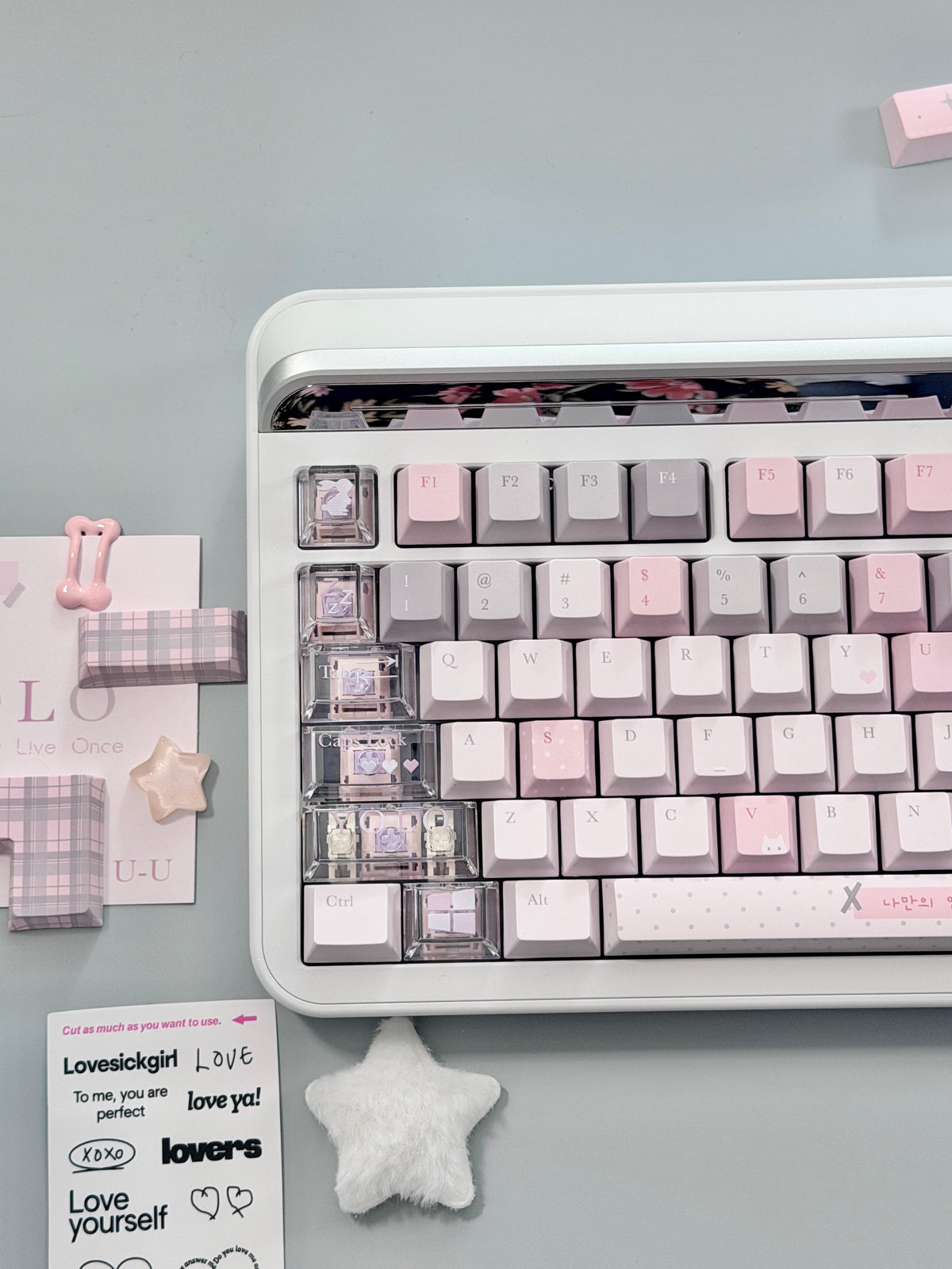 #0310 YOLO Pale Pink Light Gray Aesthetic Keycaps Set | Cute Mechanical Keyboard Keycaps