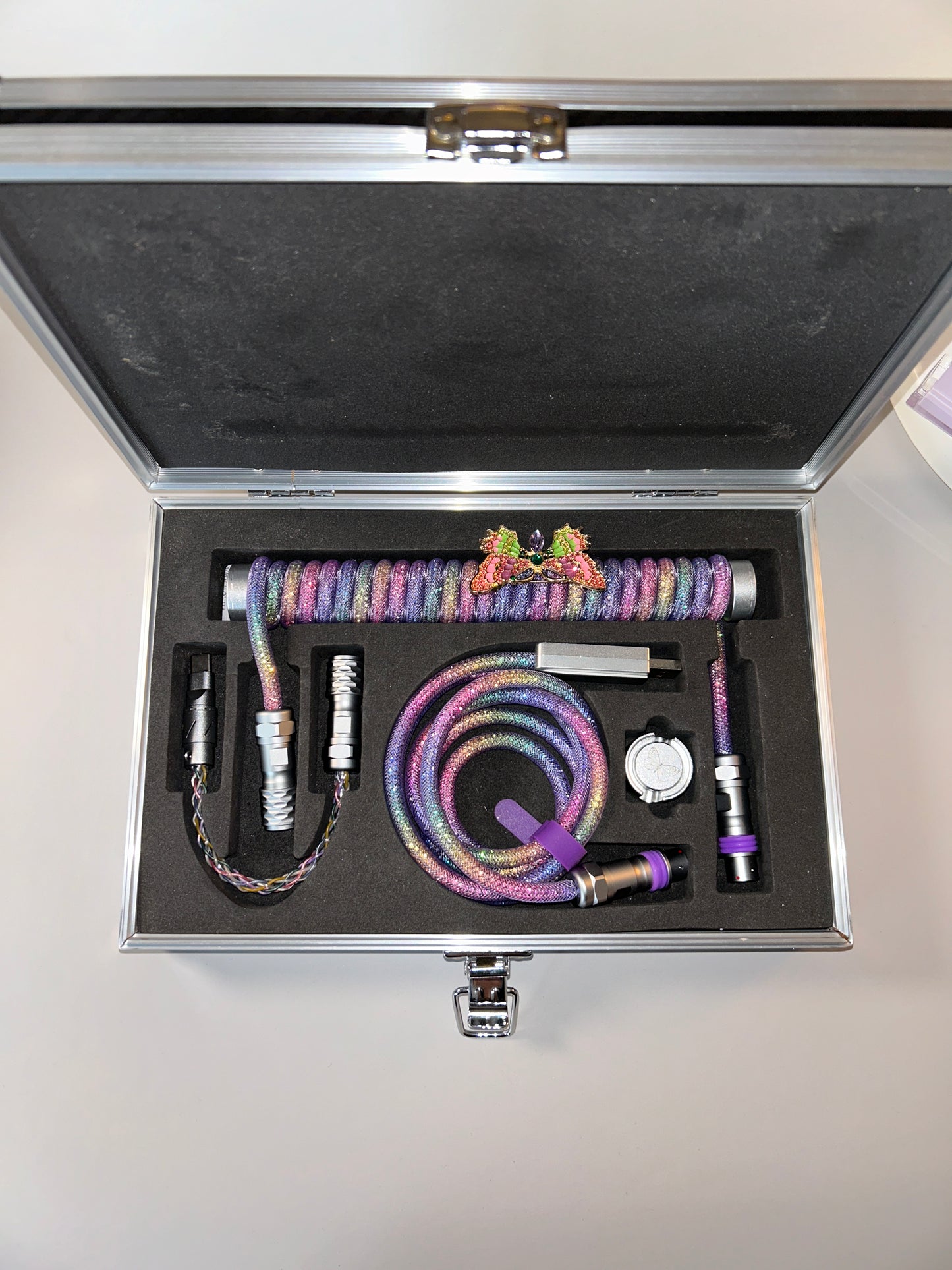 Rainbow Purple Pink Diamond Shiny Dreamy Butterfly Winshop Mechanical Keyboard Coiled Cable Set With Suitcase Shaped Organizer