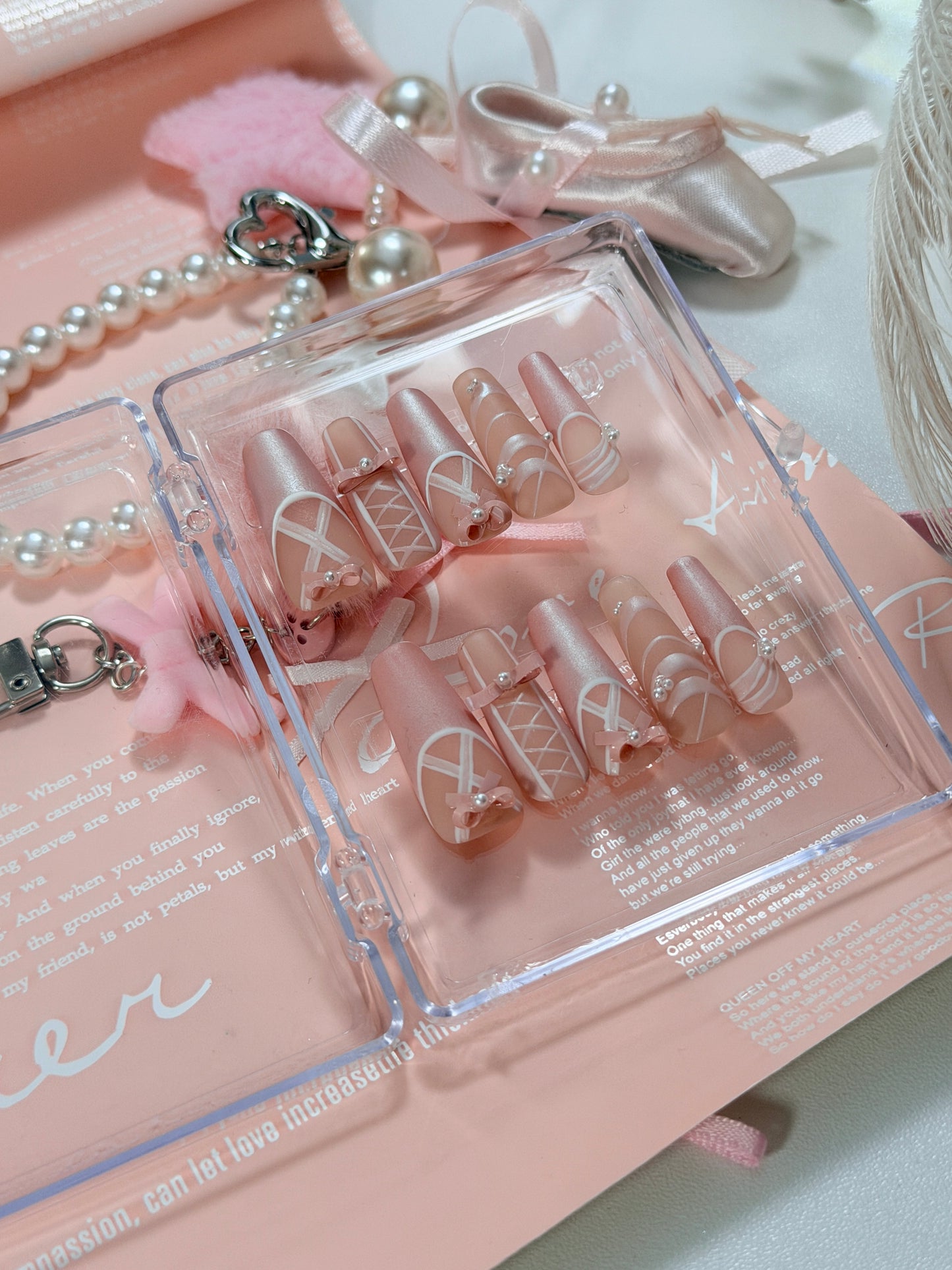 Pearl Pink Ballet Lace Bow Pattern Press On Nails Long Coffin