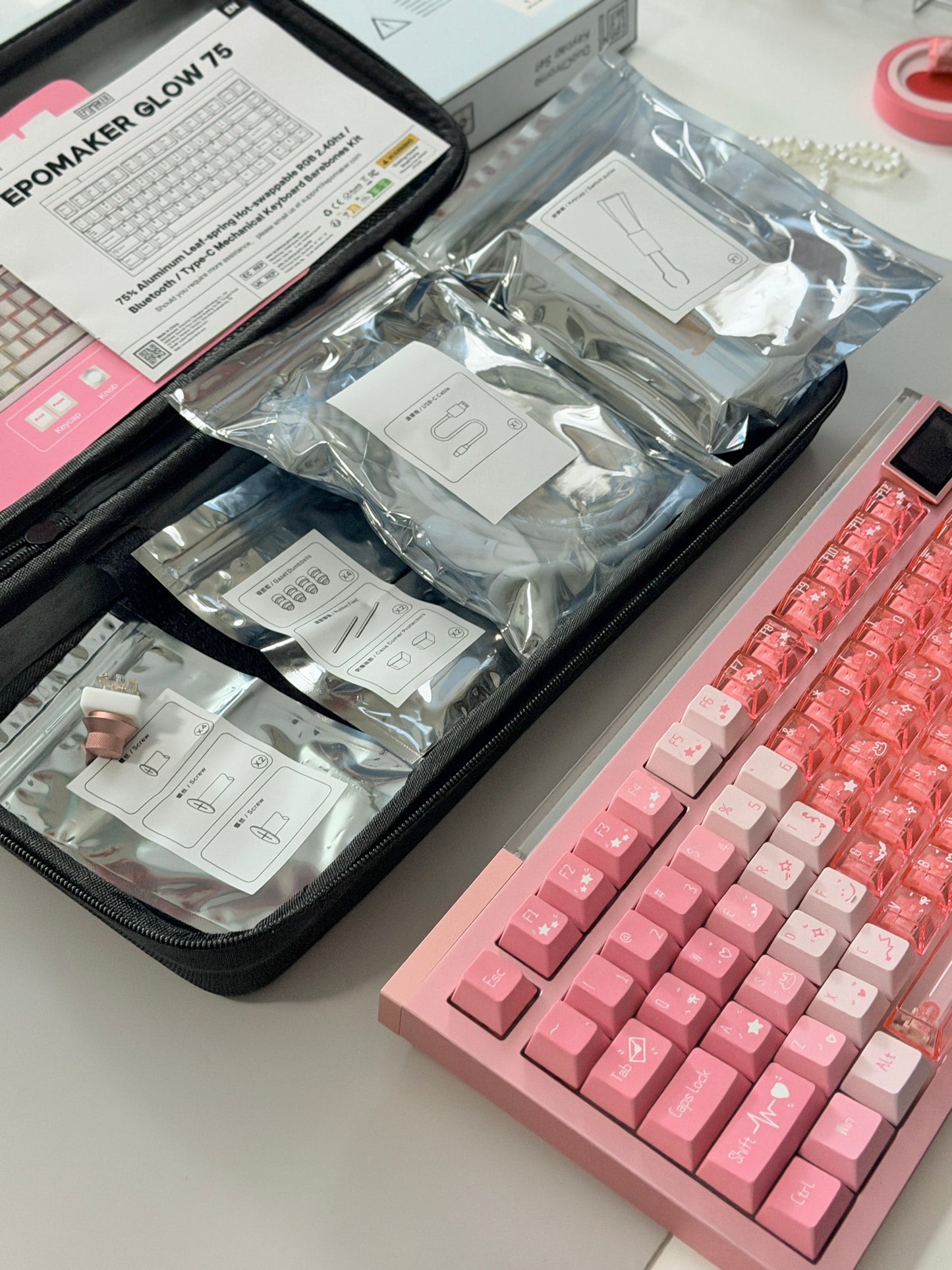 ONLY 1 Unboxing Clearance Anodized Pink GLOW75 DIY Kit &DuoChrome Keycaps & Silent Linear Switches
