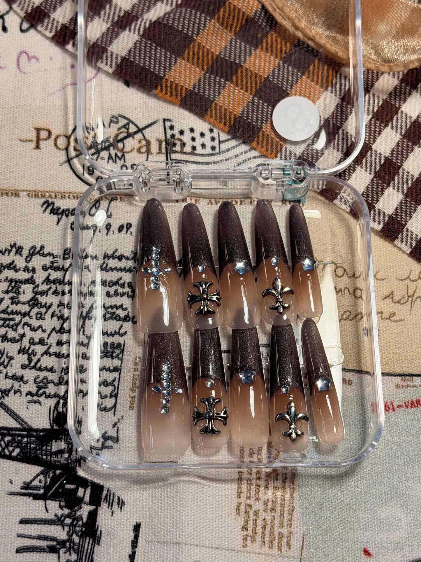 ONLY 1 Instock Designer False Nails Chrome Hearts Smoky Coffee Fine Shimmer French Style Long Press-On Nails(#889）