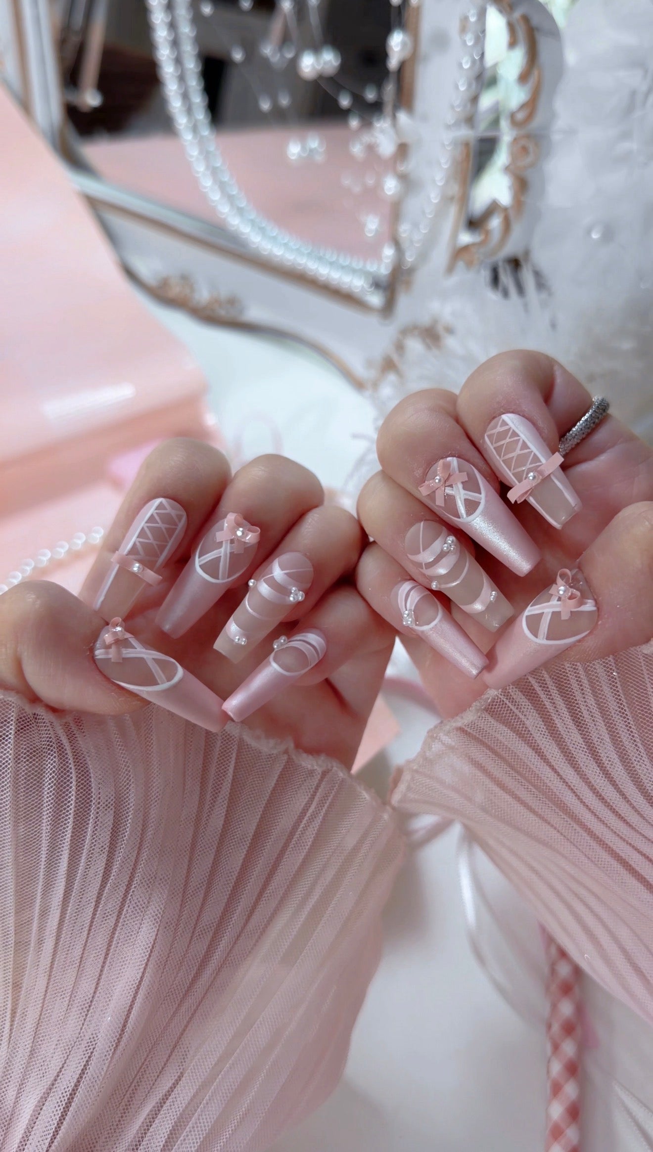 Pearl Pink Ballet Lace Bow Pattern Press On Nails Long Coffin