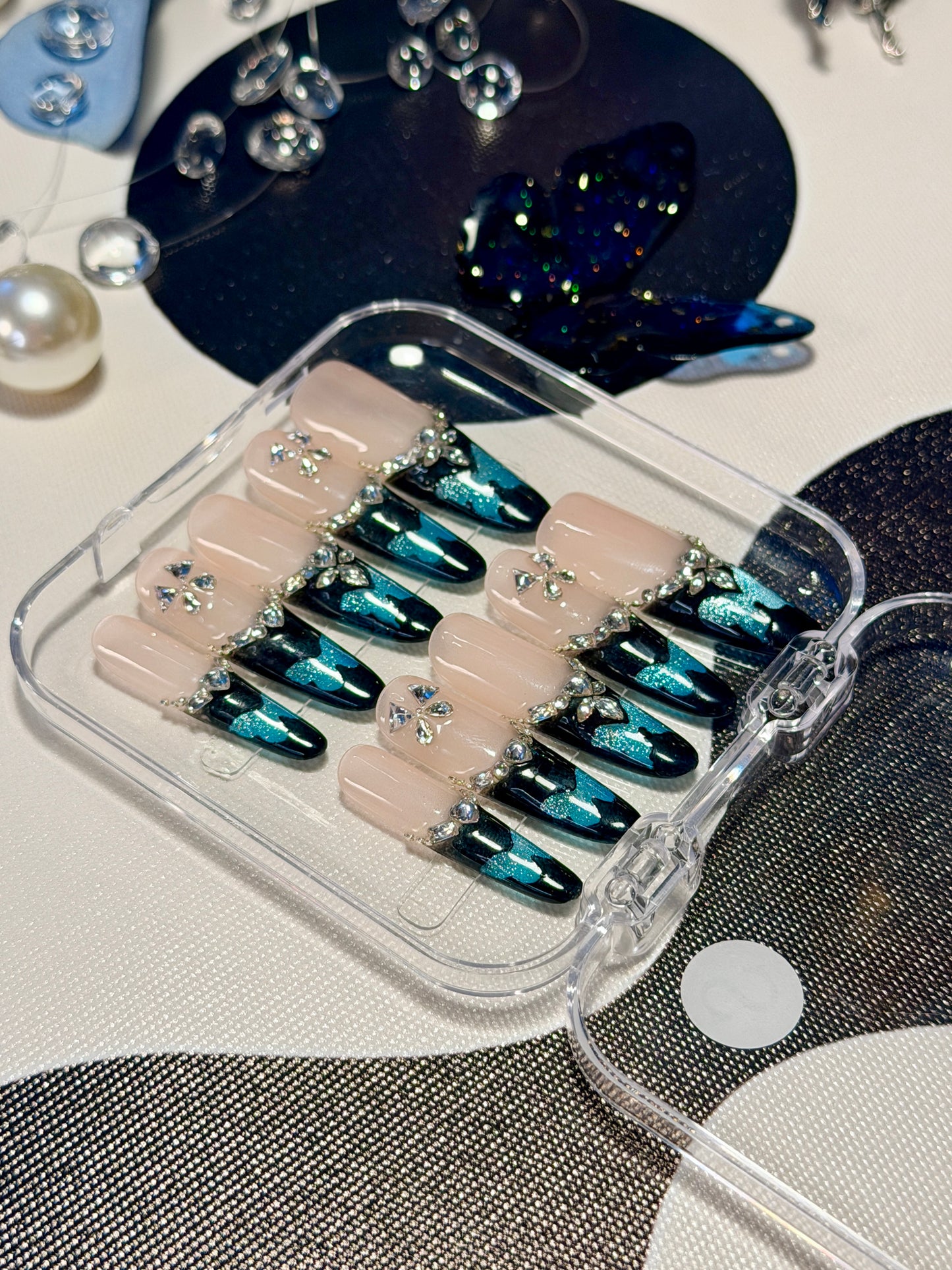 Black Blue Butterfly Press On Nails Shimmering Diamond Long Oval Handmade Nail Arts