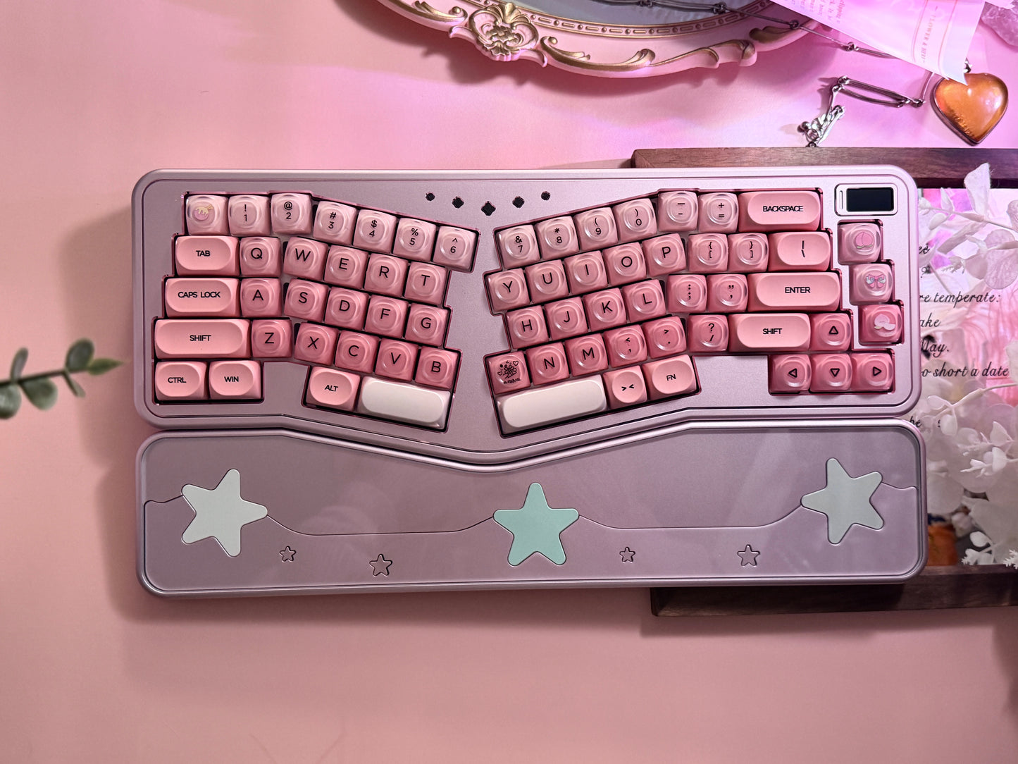 ONLY 1 Instock Prebuilt Aluminum Custom Mechanical Keyboard Staralice Ergonomic Anodized Pink Set including Wristrest Keycaps & switches