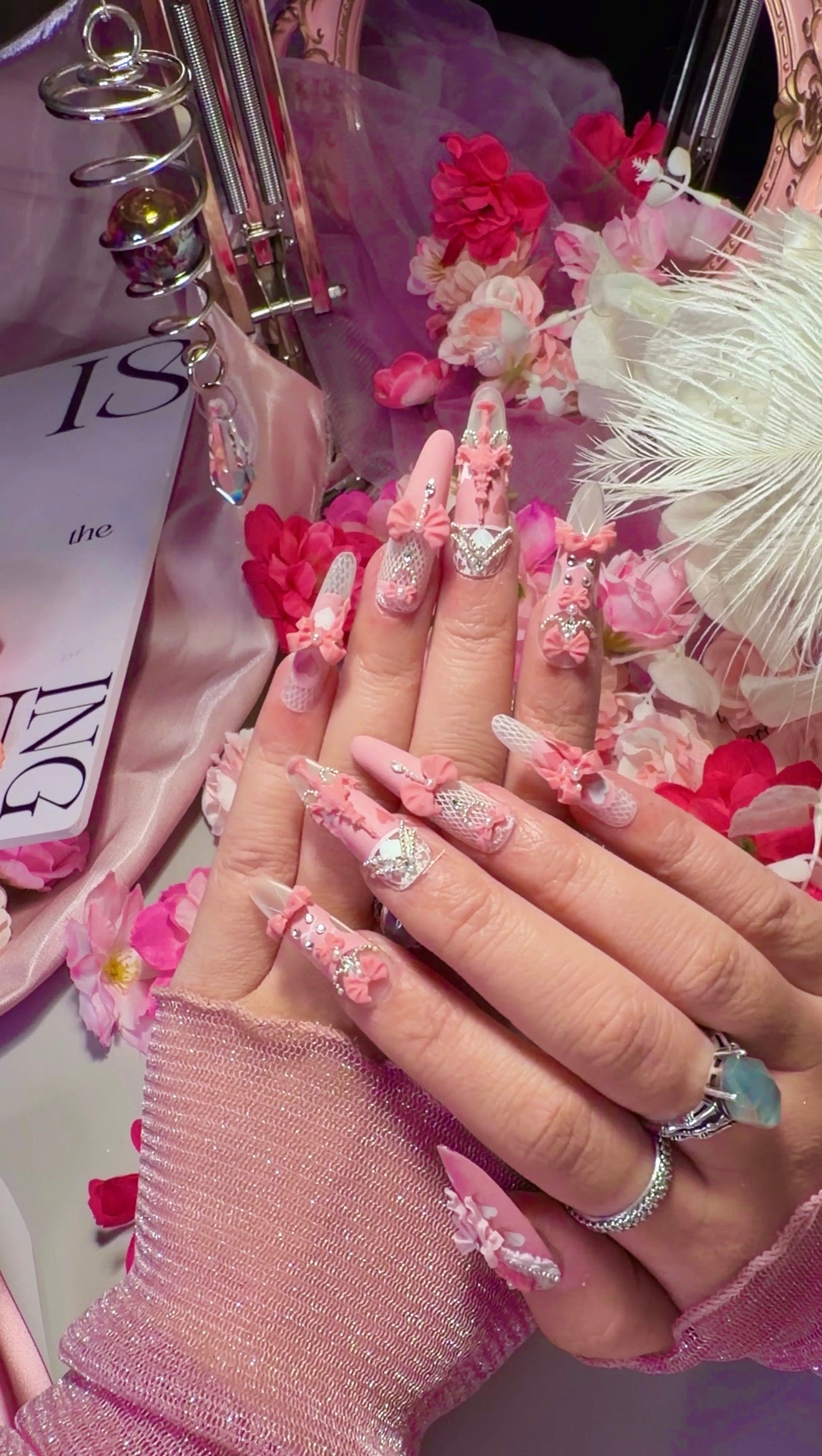 Pink Princess Bow Lace Flower Matte Finish Press On Nails Long Y05 With Pearl Beads Diamond Decor