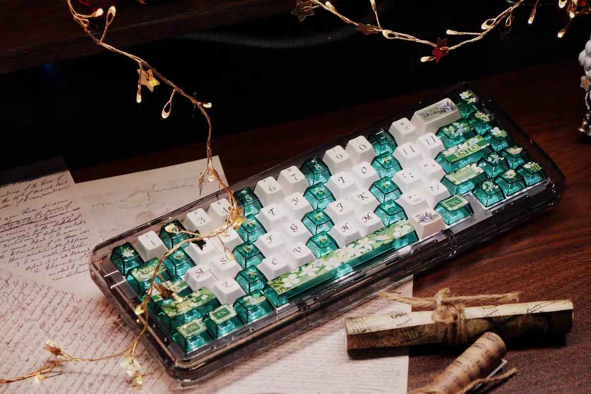 0298 Spring Flower Song | Green Clear PC Keycaps FC Profile – Dreamy Floral Transparent Keycap Set for Mechanical Keyboards