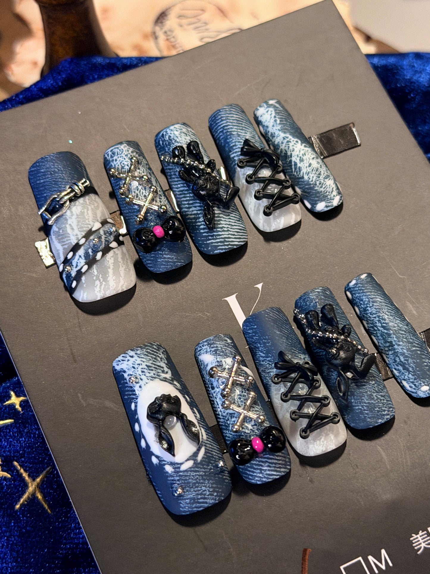 Punk Bunny 3D Lace Strap Denim Jeans Pattern Press On Nails Long Pipe Handmade Paint