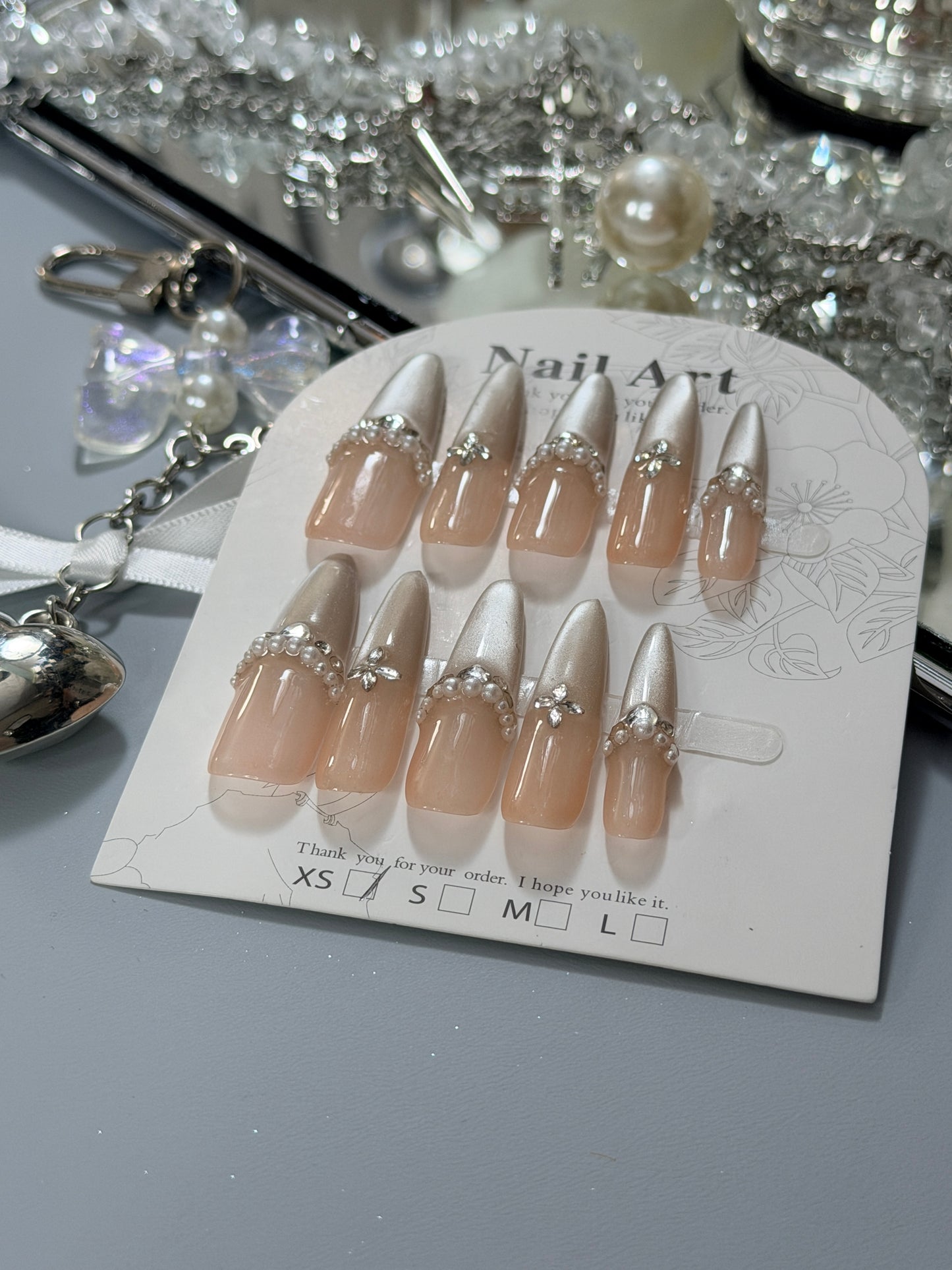 Silver Champagne Press On Nails Shimmering Diamond Pearl Long Stelitto Handmade Nail