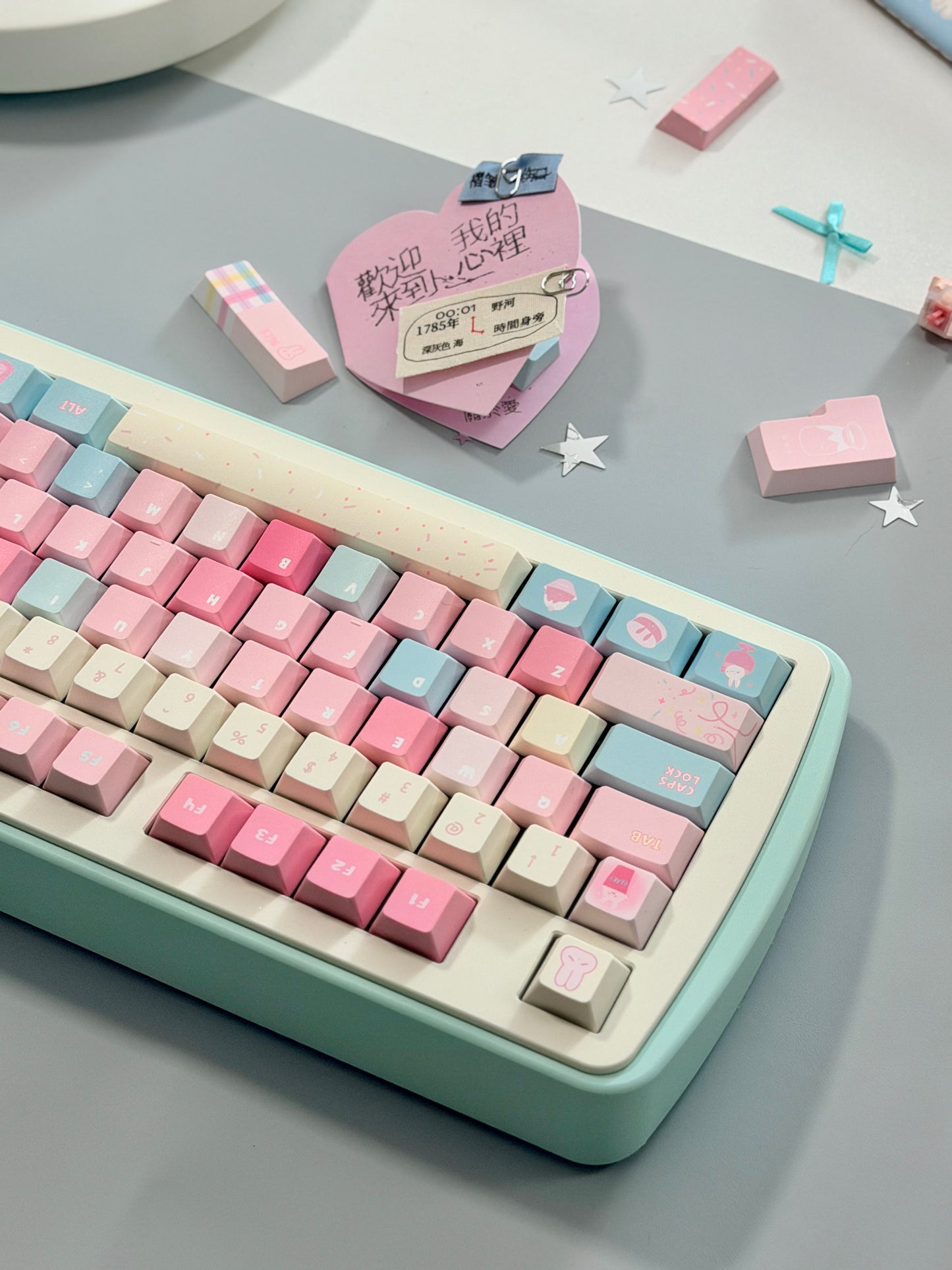 0300 Y2K Sugar Mountain Keycap Set | Pastel Pink, Blue & Cream Retro Keycaps Cherry Profile
