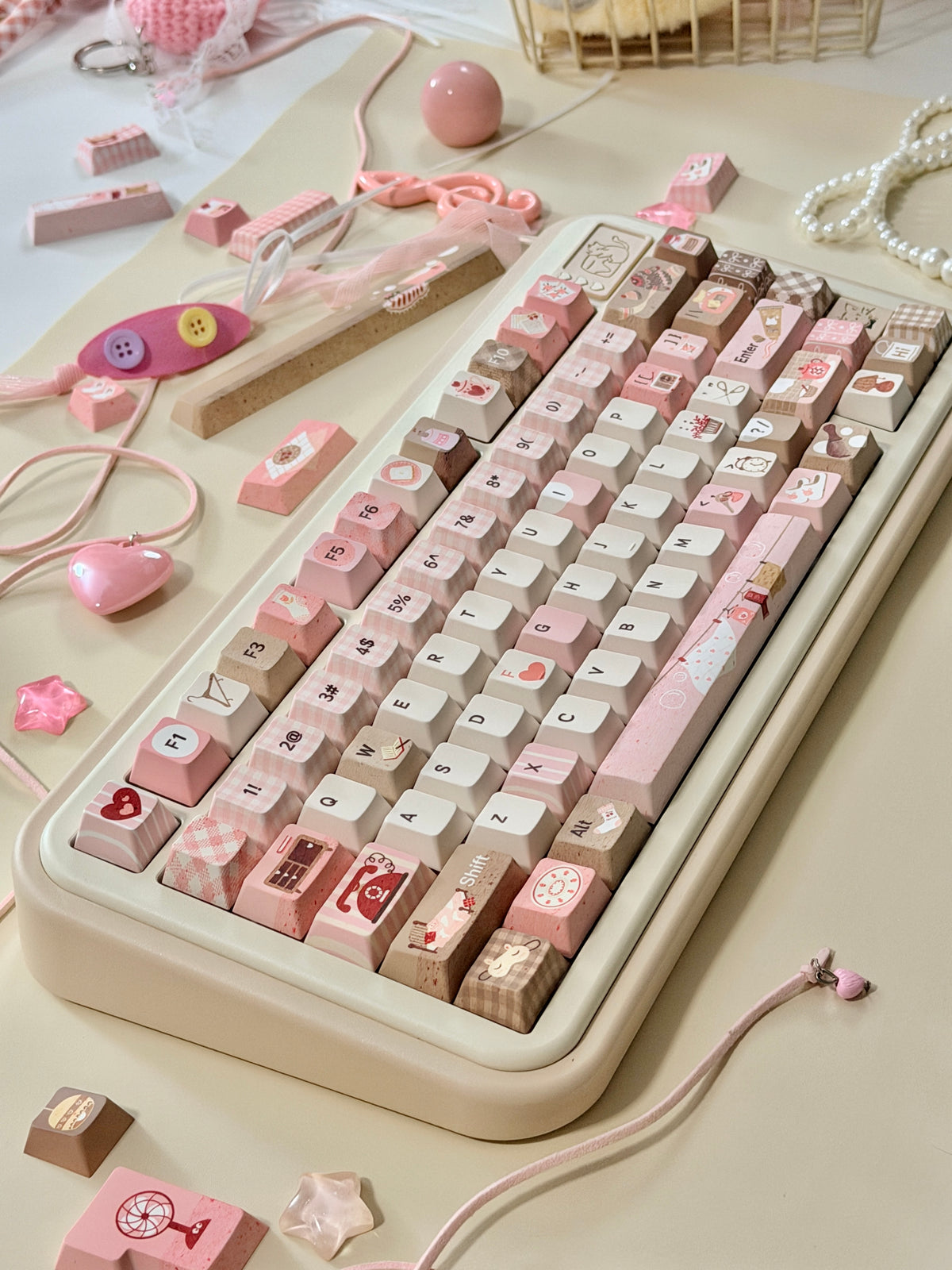 #0313 Sweet Home Strawberry Milk Café Keycaps – Kawaii Pink & Brown Dessert Theme Cute Custom Mechanical Keyboard Keycap Set