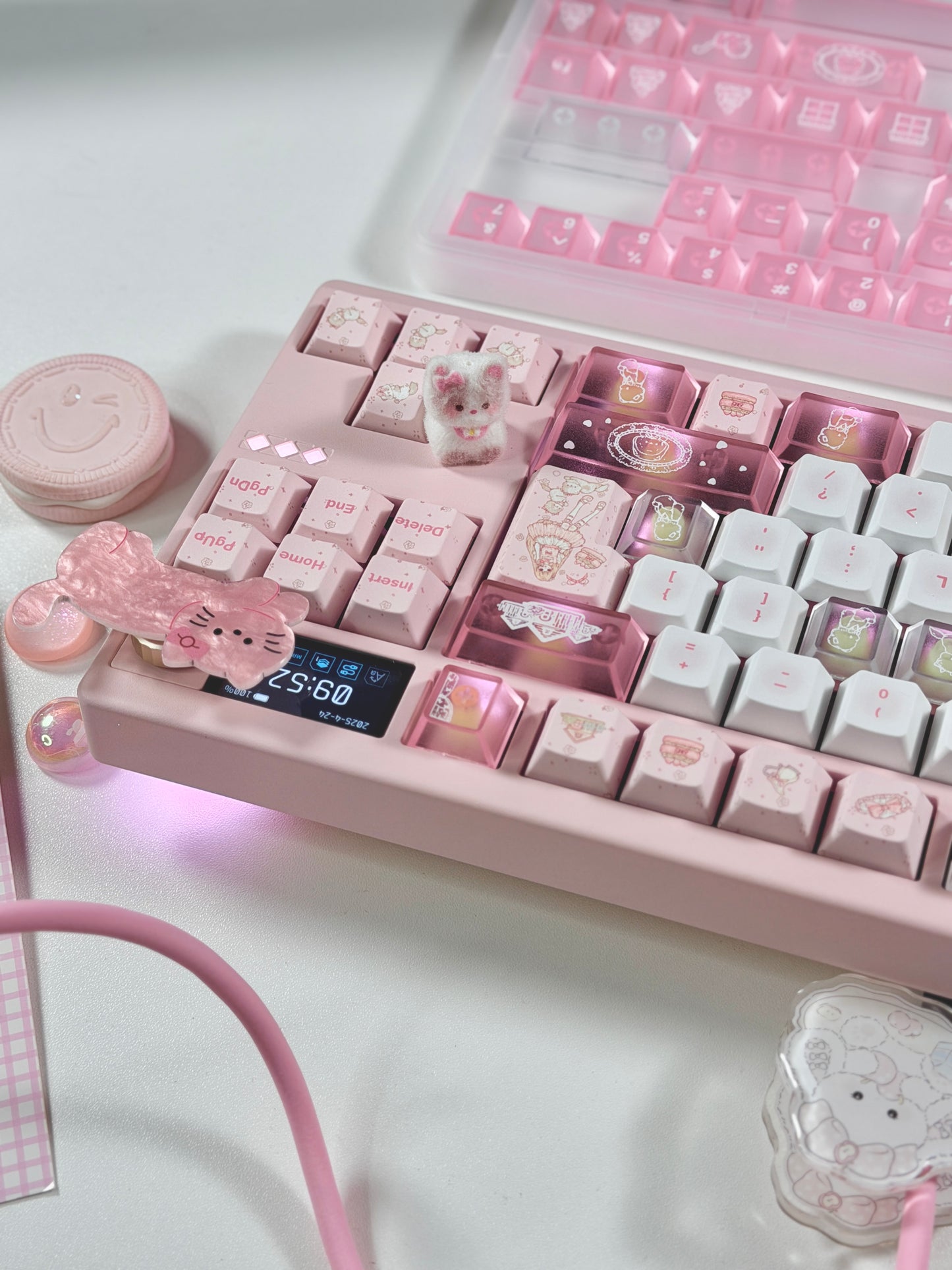 ONLY 1 Instock Prebuilt Aluminum Custom Mechanical Keyboard Pale Pink Meletrix ZOOM TKL DYNA Cat Keycap Set & Bow Pad