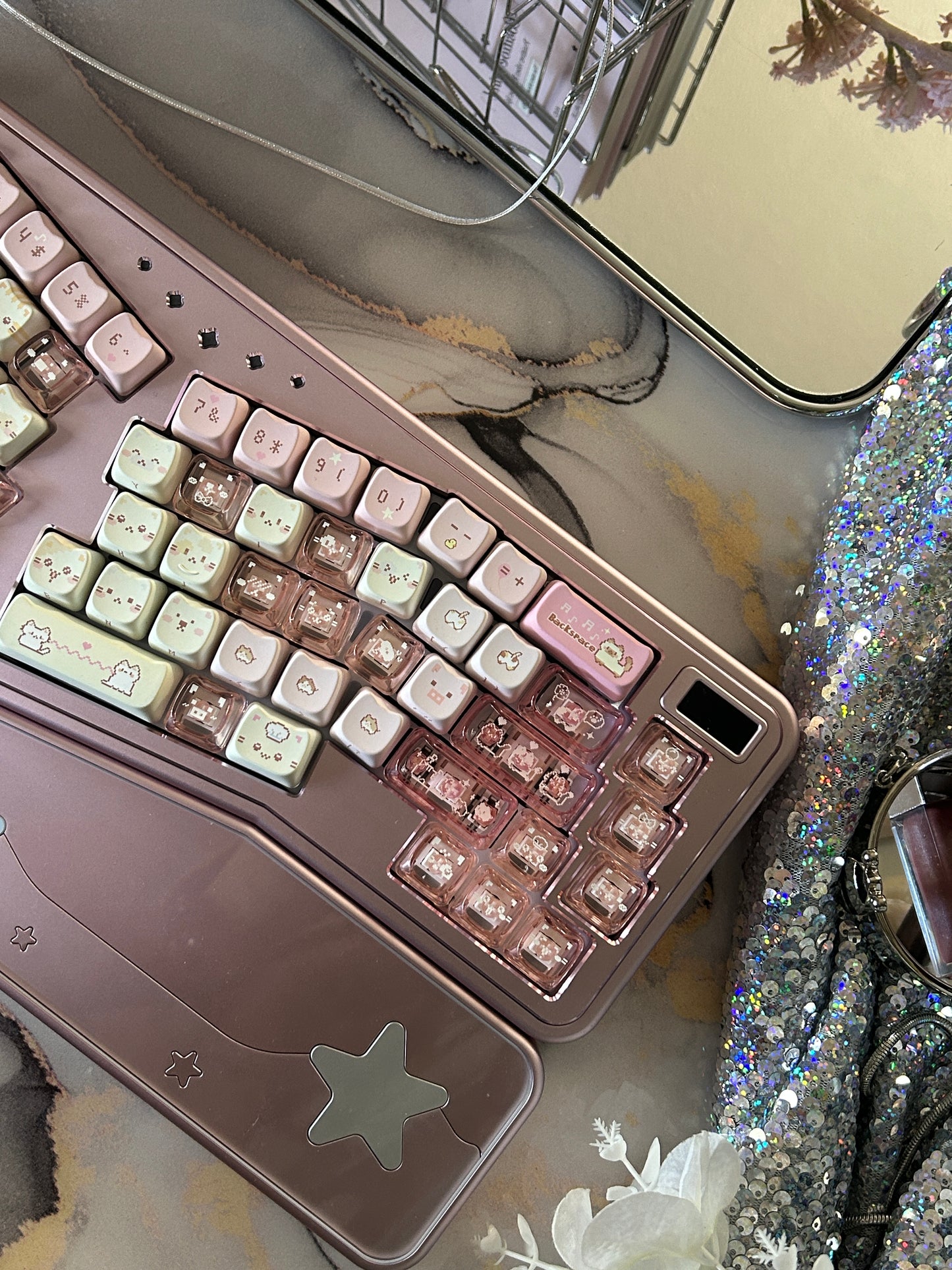 Preorder Prebuilt Aluminum Customized Mechanical Keyboard Staralice Anodized Pink set with Wristrest & switch & Cat Keycaps