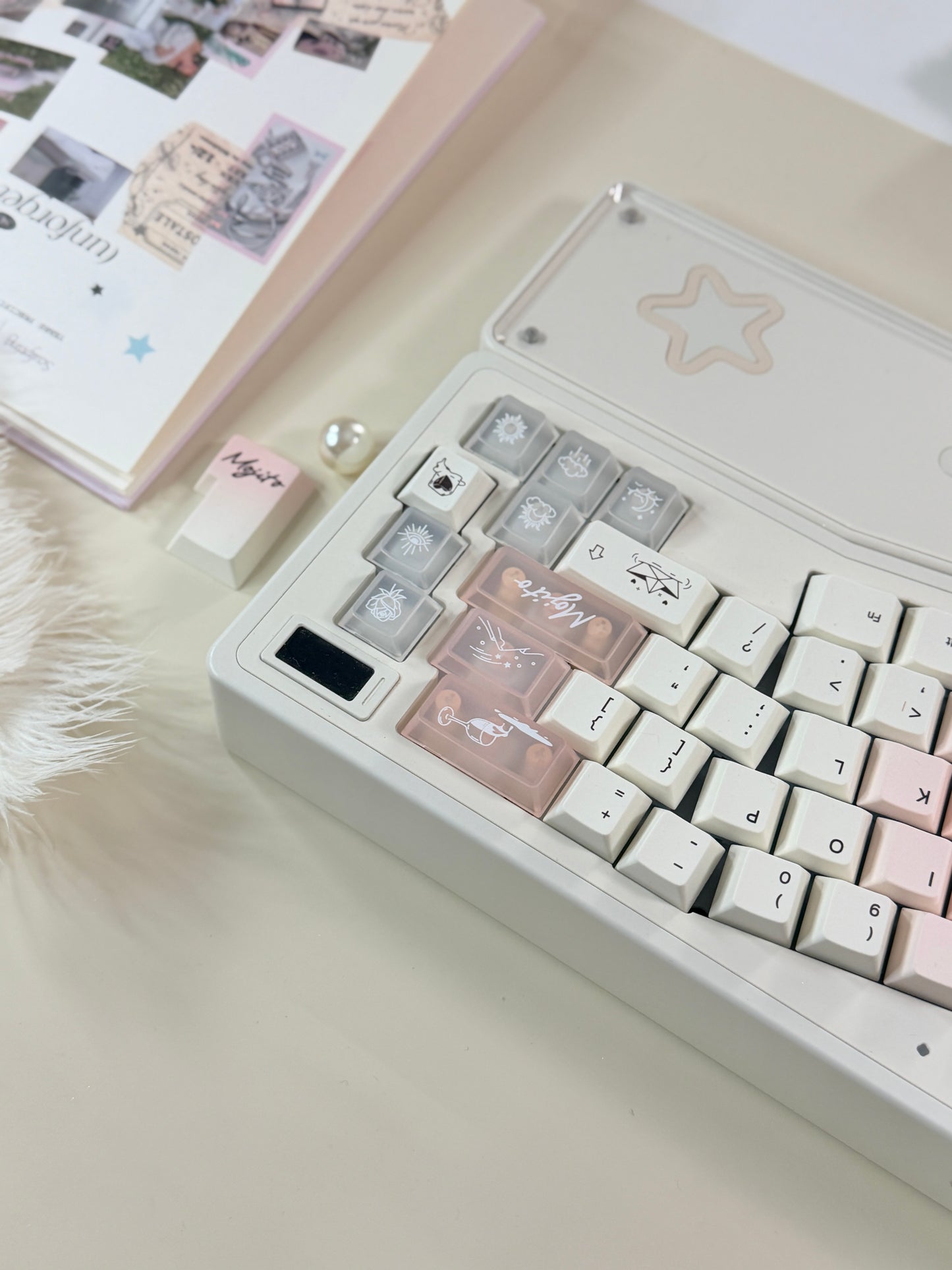 ONLY 1 Instock Prebuilt Aluminum Customized Mechanical Keyboard Staralice Cream White Set With Wristrest & Bow Pad
