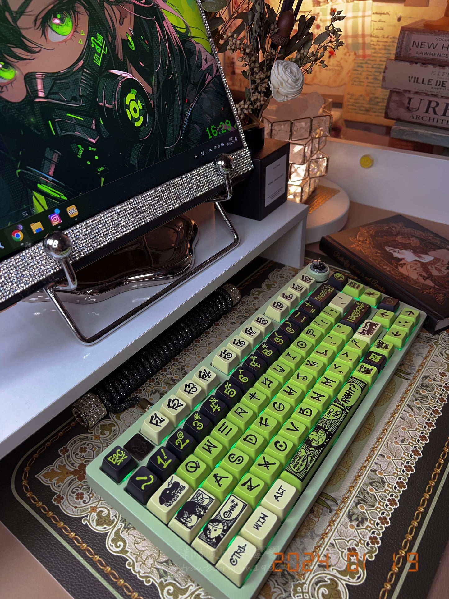 「Fully Assembled」Matcha  Greebn Hi75 Aluminum Mechanical Customized Keyboard  with fluorescent Green NINEGO street artists keycaps and linear Akashi switch